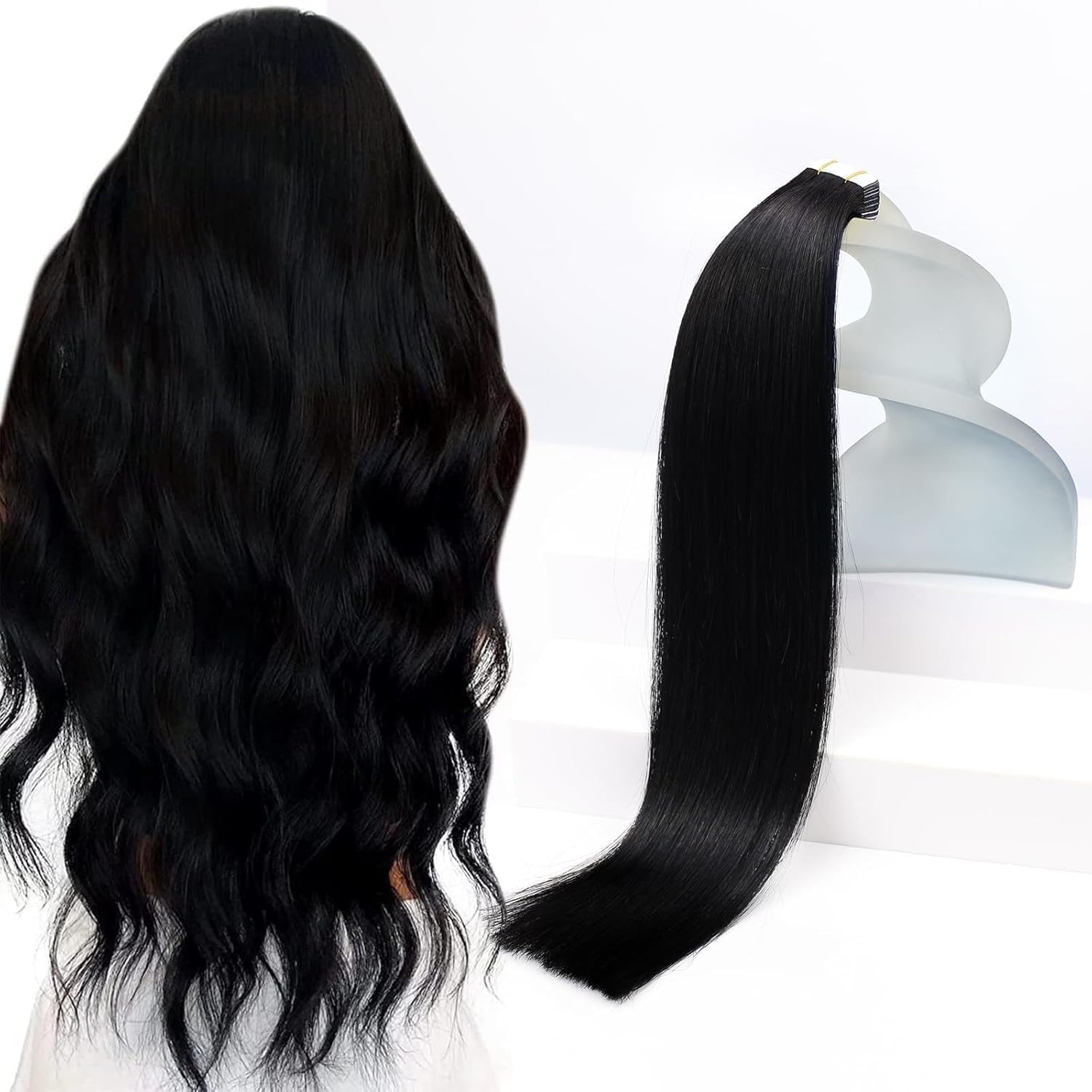 Detalle de Sunny Hair Tape-In Hair Extensions — Real Remy Human Hair, 28-inch, Jet Black (20 Pieces, 50g)