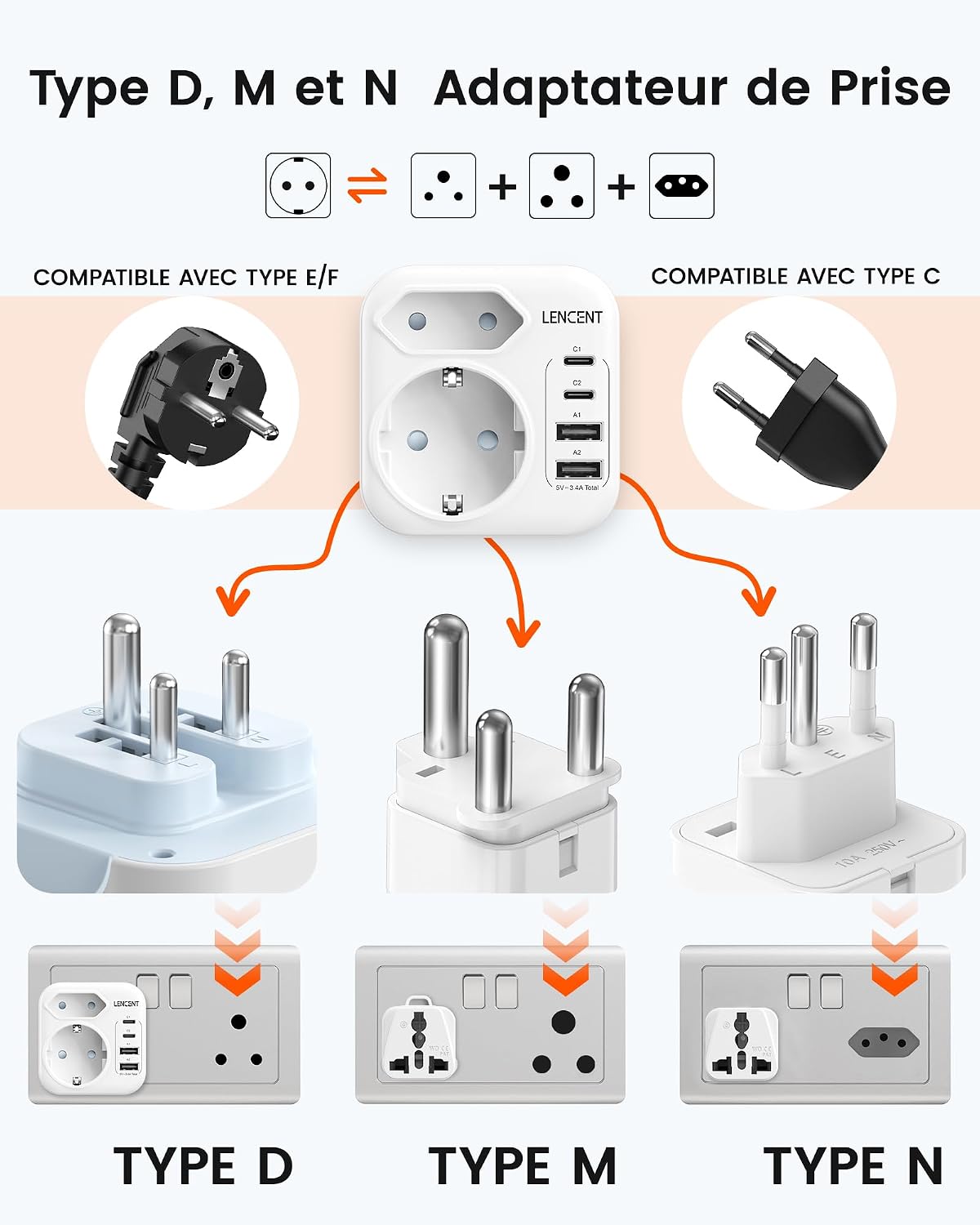 Detalle de Adaptateur prise Afrique du Sud Type D/M/N avec 4 ports USB – LENCENT