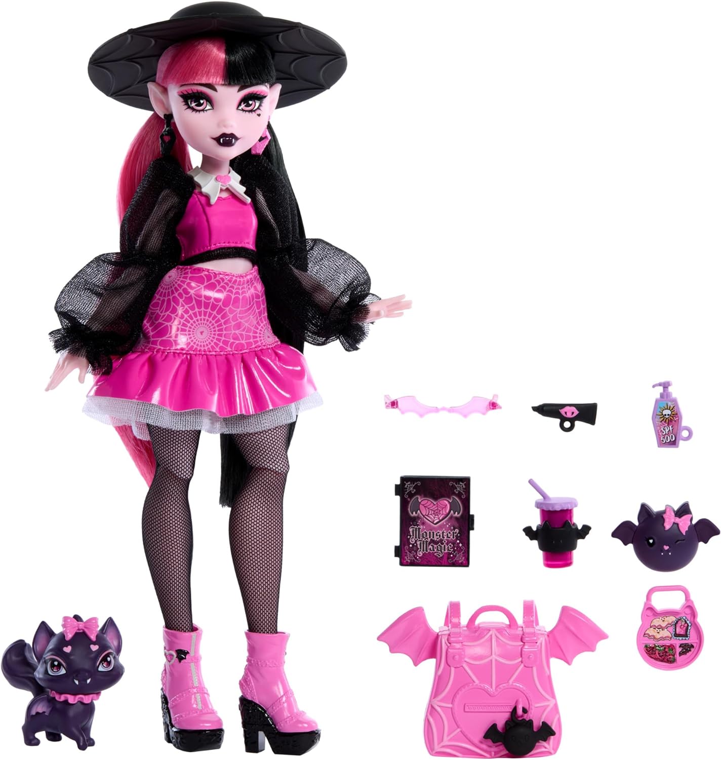 Detalle de Monster High Fabulosa Draculaura con mascota Count Fabulous (Mattel HRP64) muñeca articulada y set de moda con accesorios