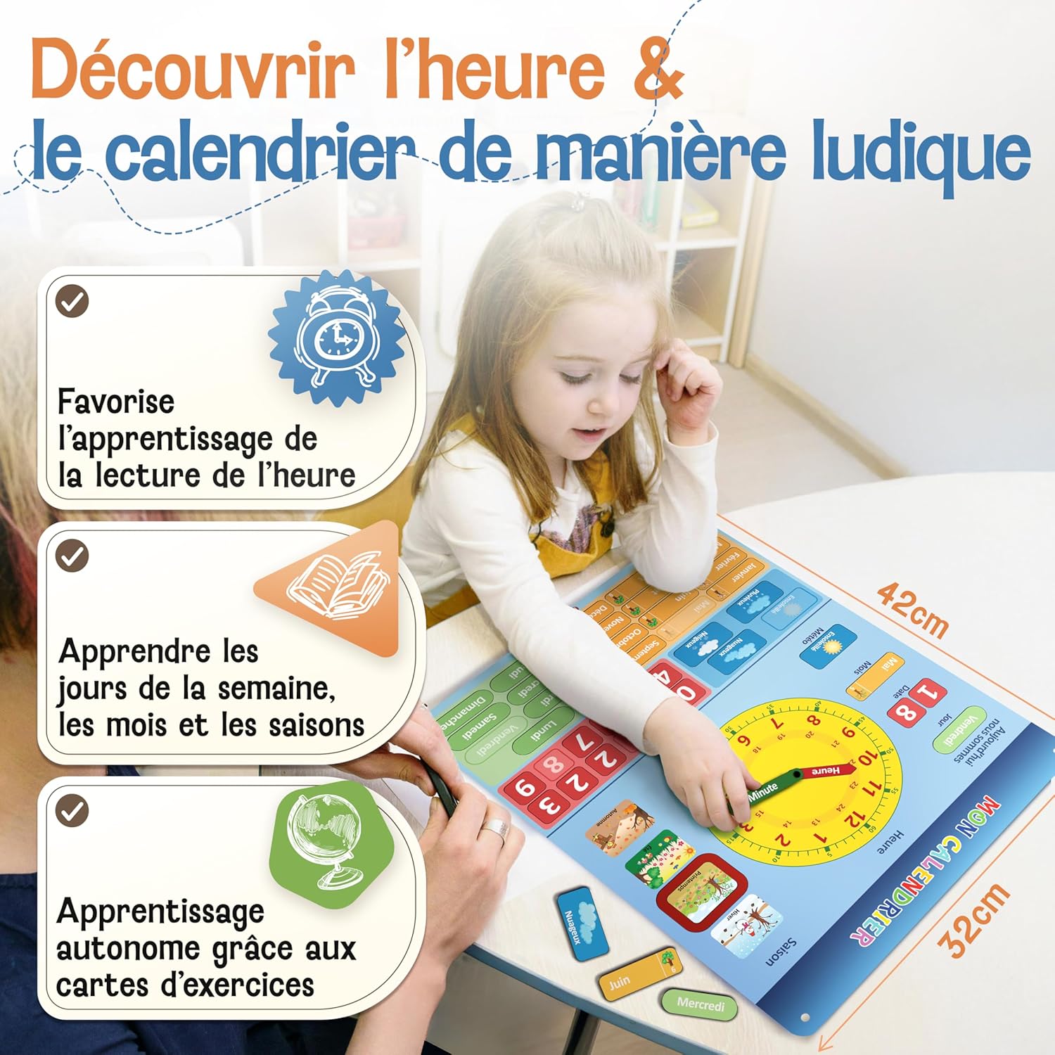 Thumbnail 1 de LIKARTO Mon Premier Calendrier – Jeu Éducatif Magnétique pour Enfants (42x32 cm) avec 36 aimants & 20 cartes d’exercices, Horloge et Station Météo