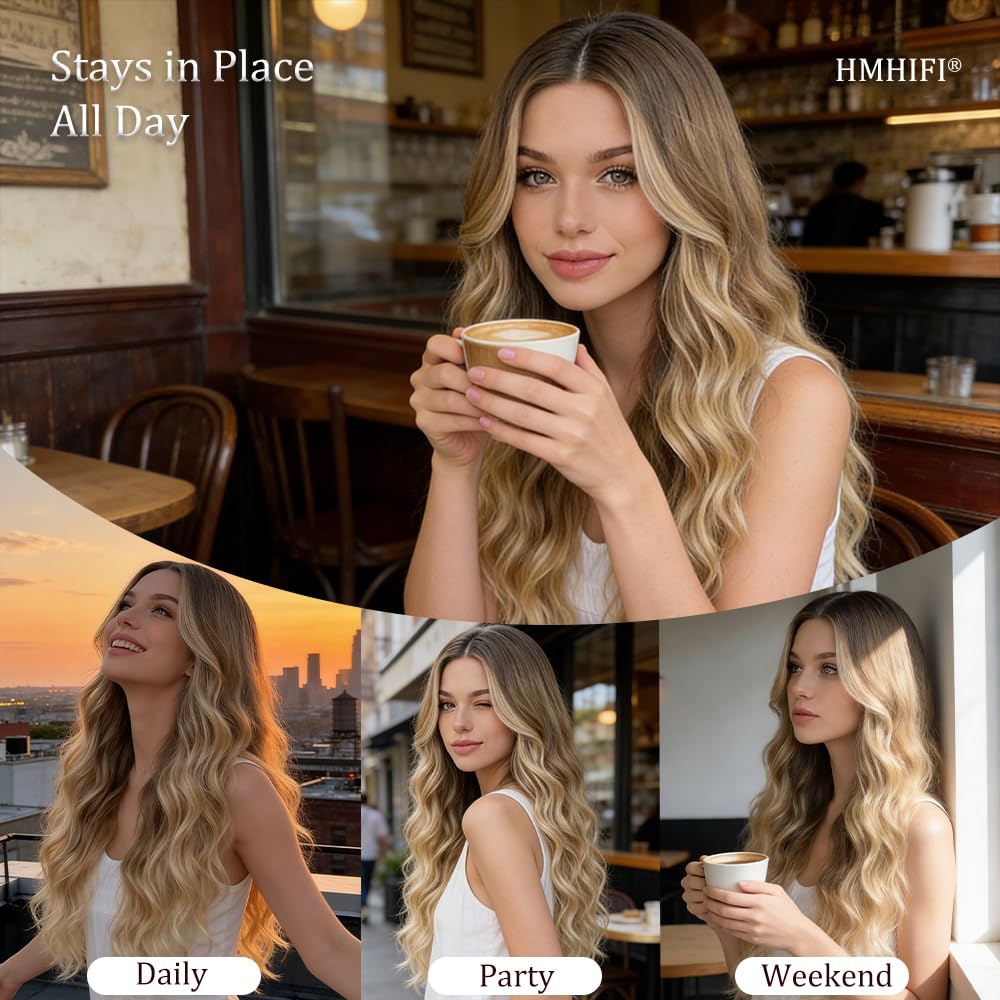 Detalle 2 de HMHIFI 26-Inch Blonde Wig, Long Wavy Curls and Middle Part