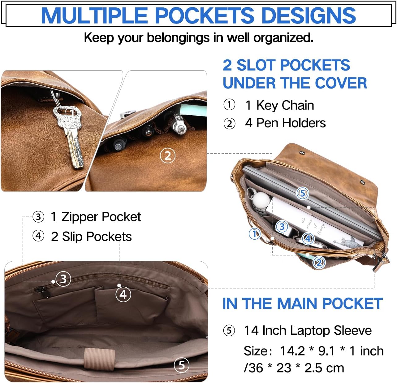 Thumbnail 2 de VX VONXURY Umhängetasche aus veganem Leder mit Platz für 14-Zoll-Laptop (Braun)