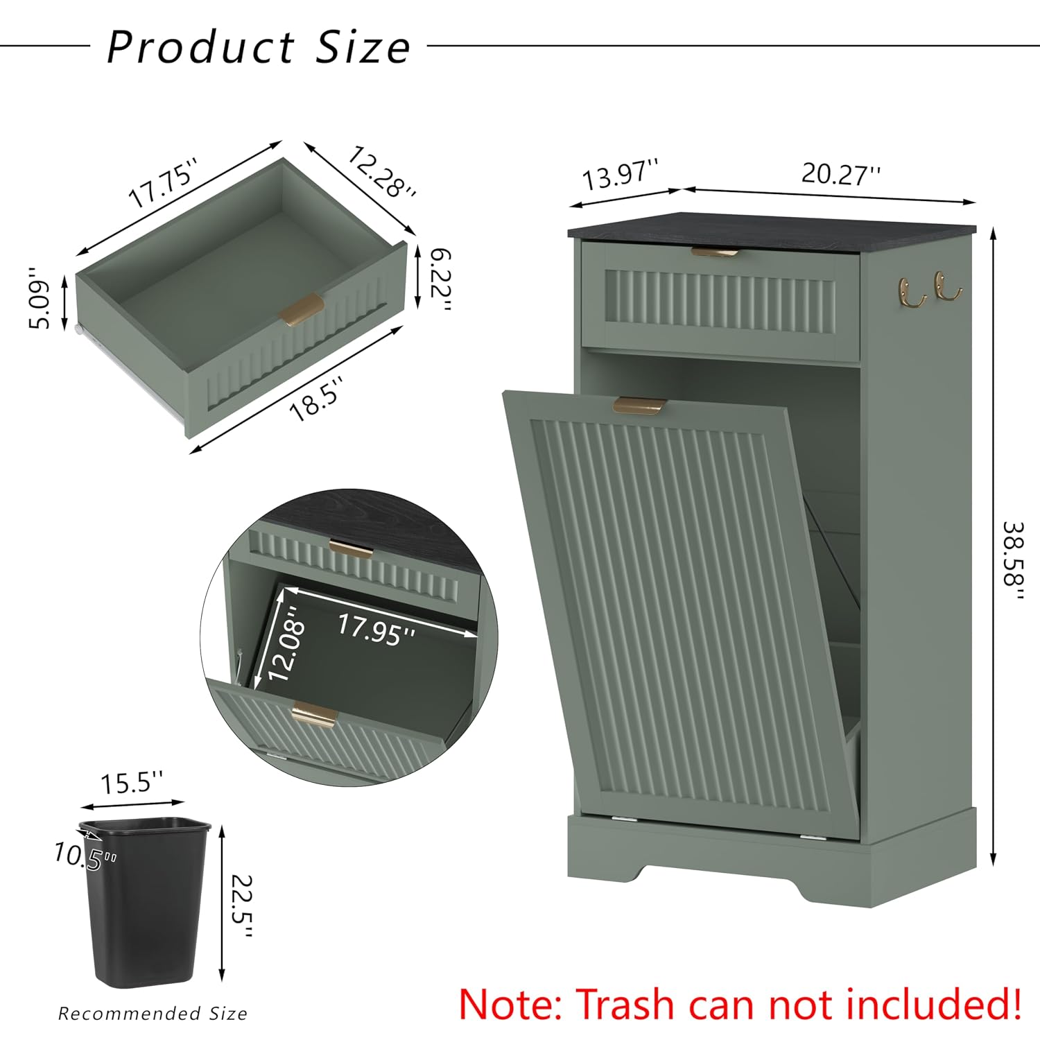 Detalle de METOTI HLG186-GR-02 Tilt-Out Trash Cabinet, 13-Gallon, Green