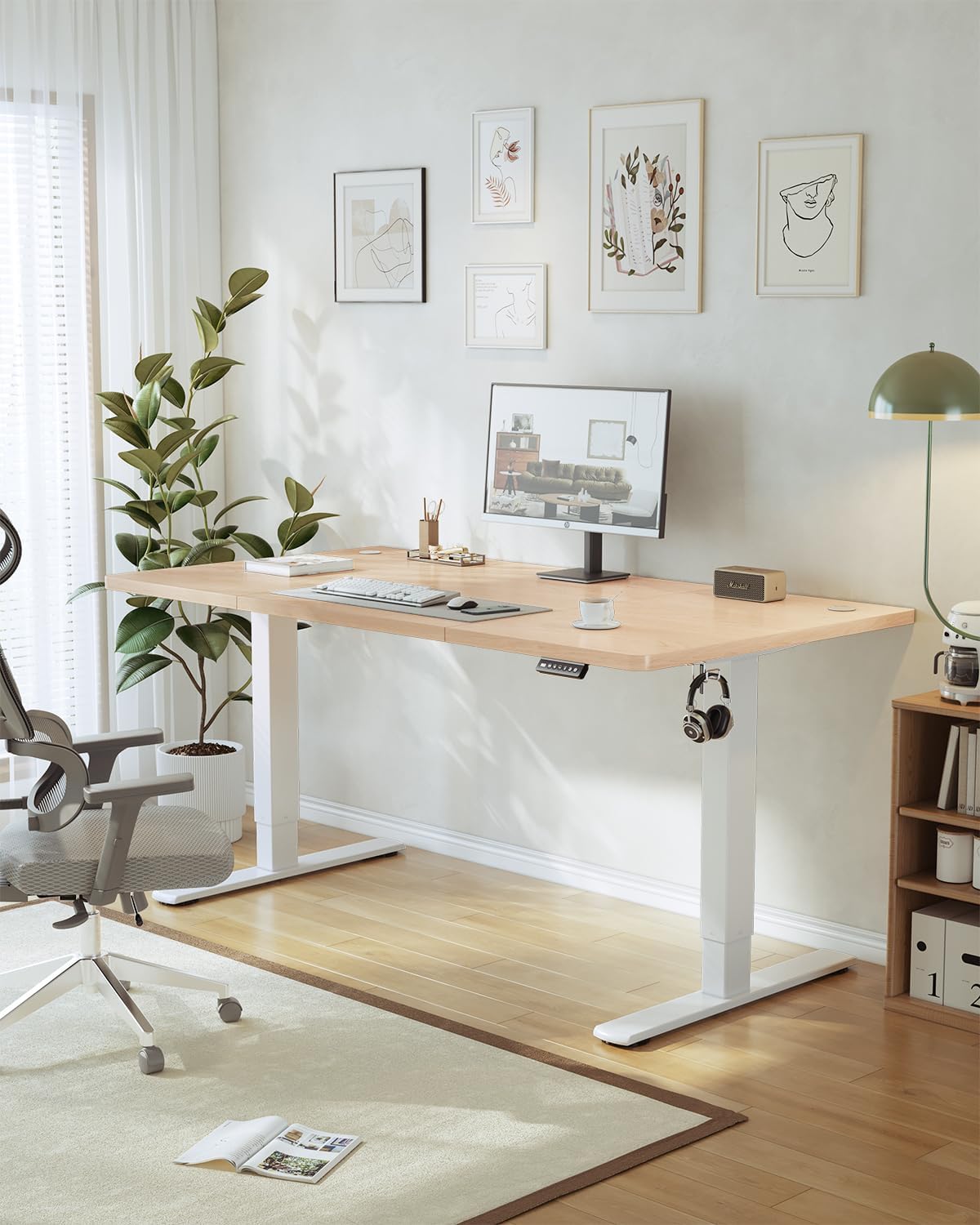 Detalle de JUMMICO Höhenverstellbarer Schreibtisch mit USB-Ladeanschluss – Stehpult 160 × 70 cm, elektrisch, Beige