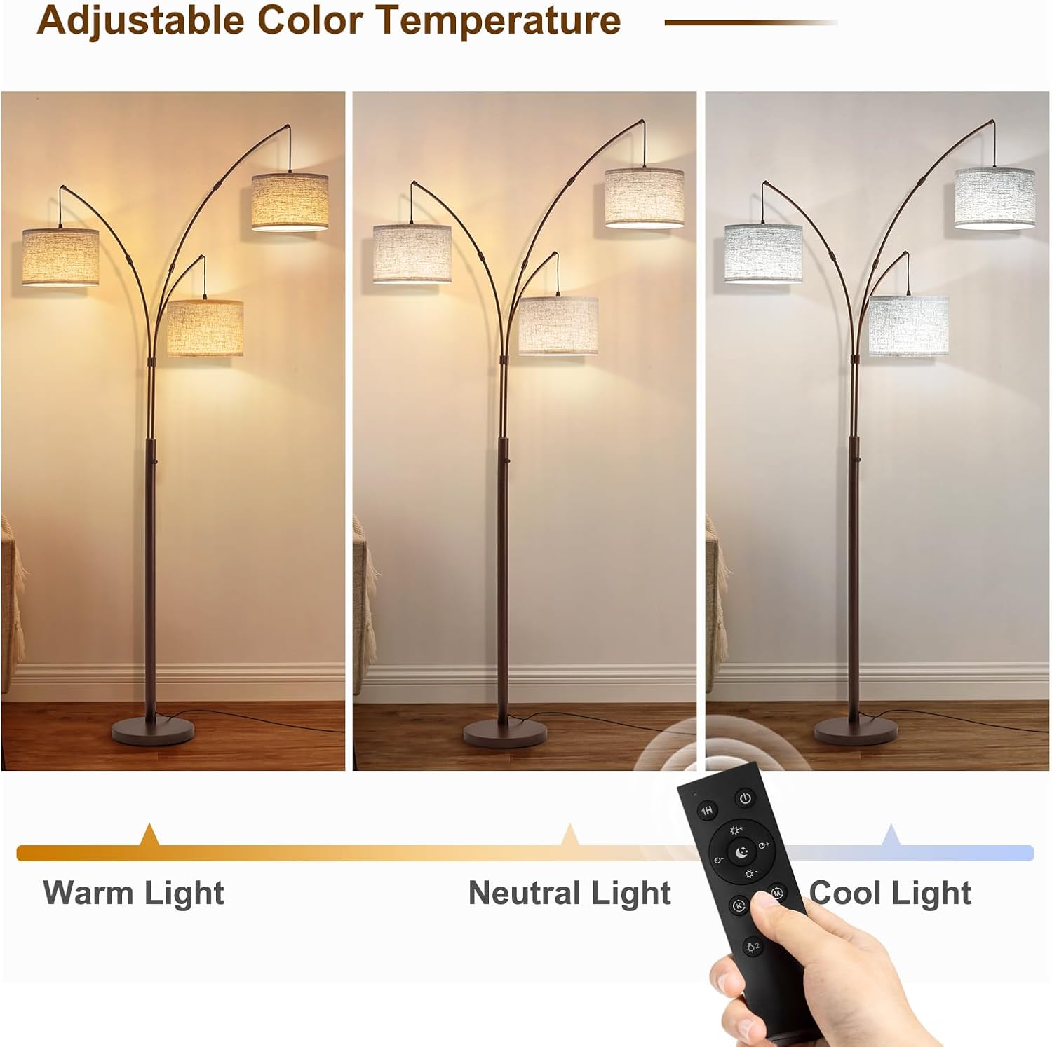 Detalle de Fansdrick 3-Light Arc Floor Lamp, 2,400 Lumens, Remote Dimming, 80-Inch