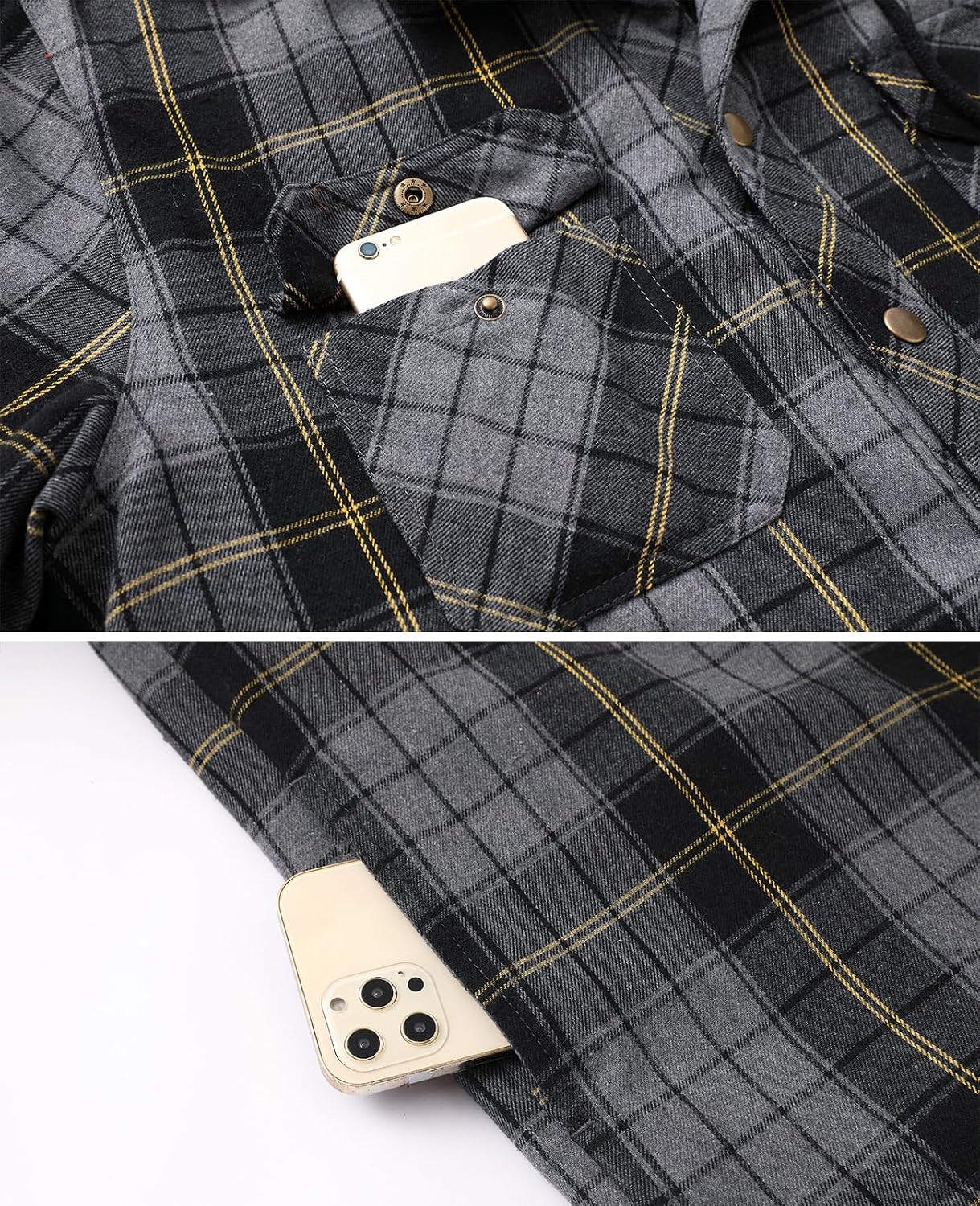 Detalle 1 de ZENTHACE Z190628 Men's Quilted Hooded Plaid Jacket with Zip, Snaps & Six Pockets