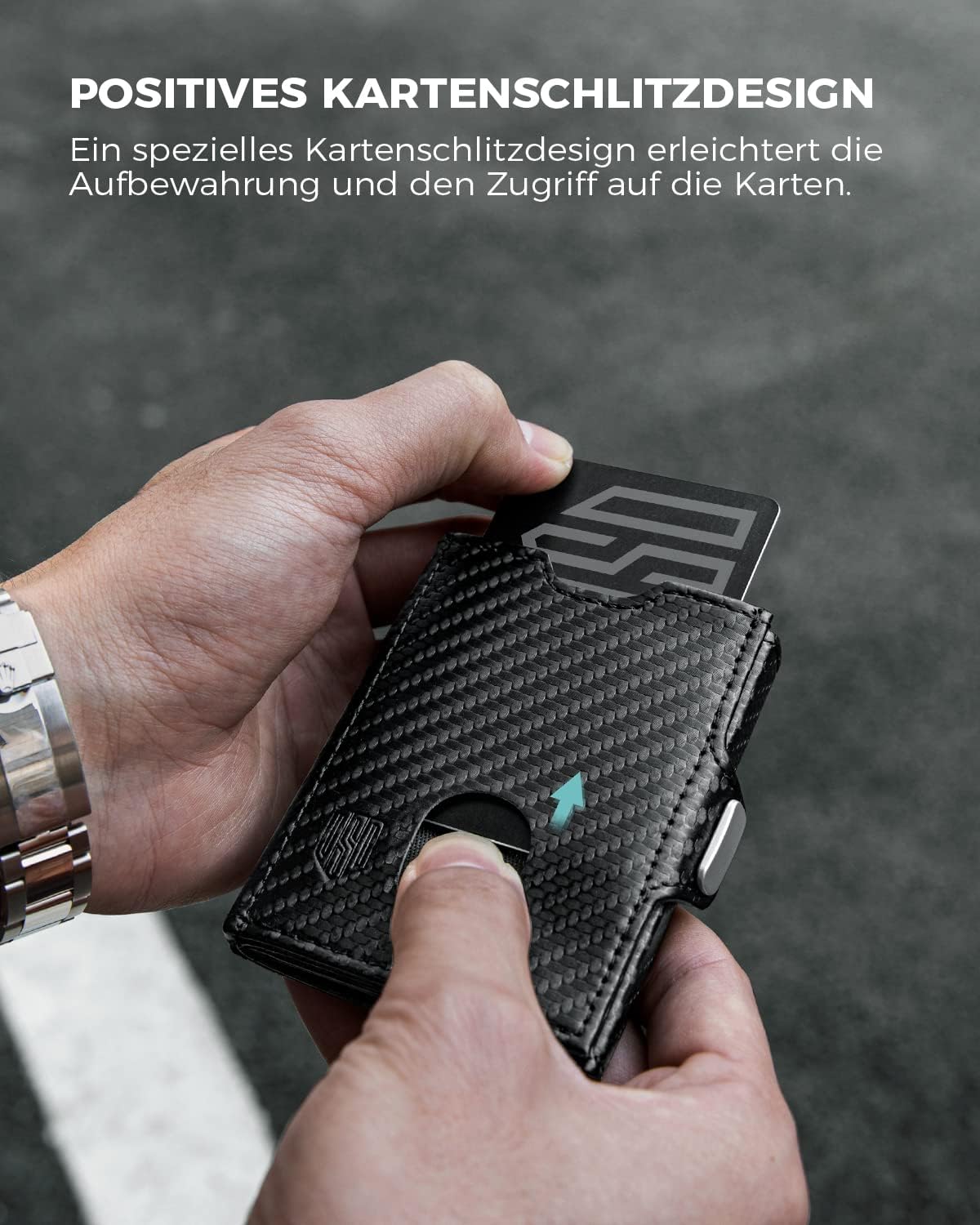 Detalle de DODENSHA Mini Geldbörse mit Münzfach und RFID-Schutz – Carbon, Slim Wallet