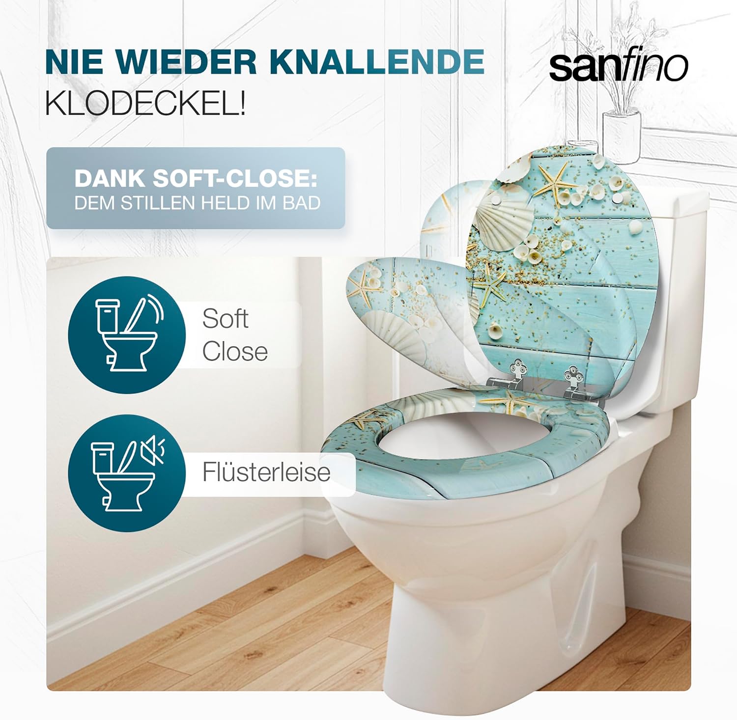 Detalle de SANFINO Premium WC-Sitz mit Absenkautomatik – Holzkern, Caribbean Blue, 43,5 x 37,5 cm