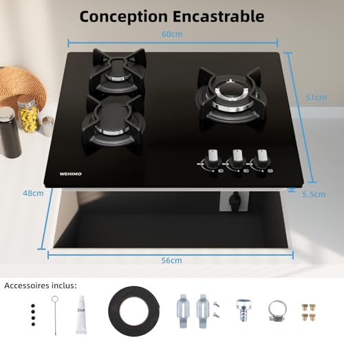 Thumbnail 7 de Wehimo - Placa de cocina de gas de 3 fuegos empotrable, 60 cm, cristal negro
