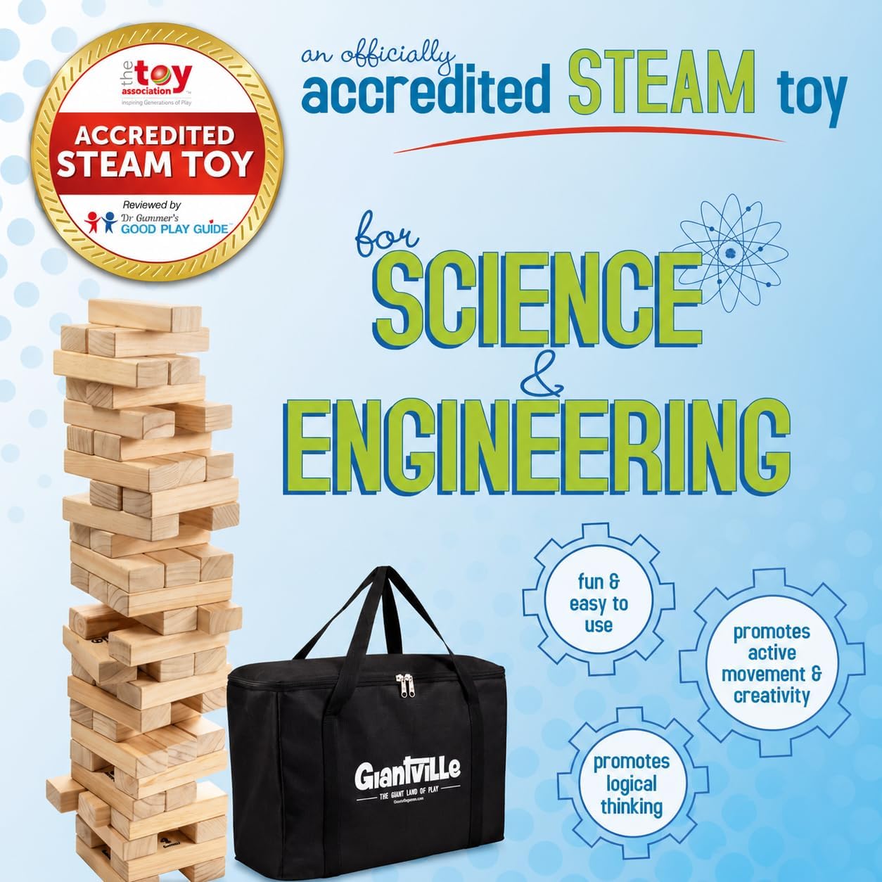 Detalle de Giantville Giant Tumbling Timber Toy (STEAM-Credited) — 56-Piece Premium Pine Block Tower Game w/ Carry Bag