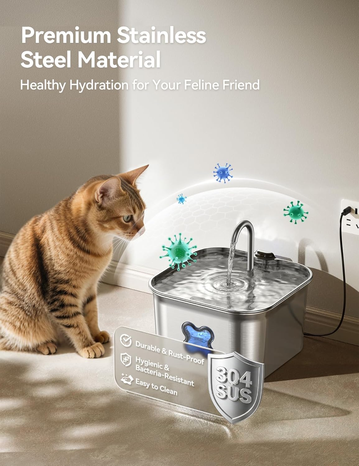 Thumbnail 1 de FEELNEEDY 2.8L Stainless Steel Cat Water Fountain with Visible Water Level & 3 Pack Filters
