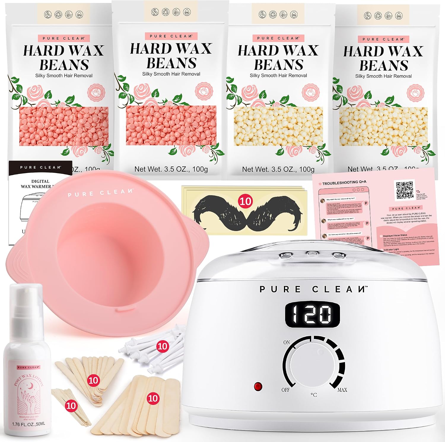 PURECLEAN Digitale Cera Brasiliana – Kit completo per depilazione casalinga, 4 confezioni di perle e accessori