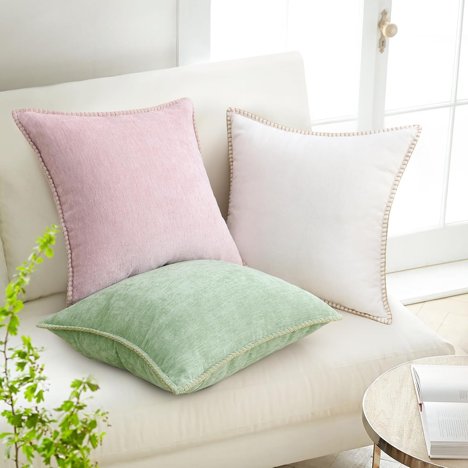 Detalle de decorUhome Fall Chenille Soft Cozy Throw Pillow Covers 24x24 (Set of 2) in Blush Pink
