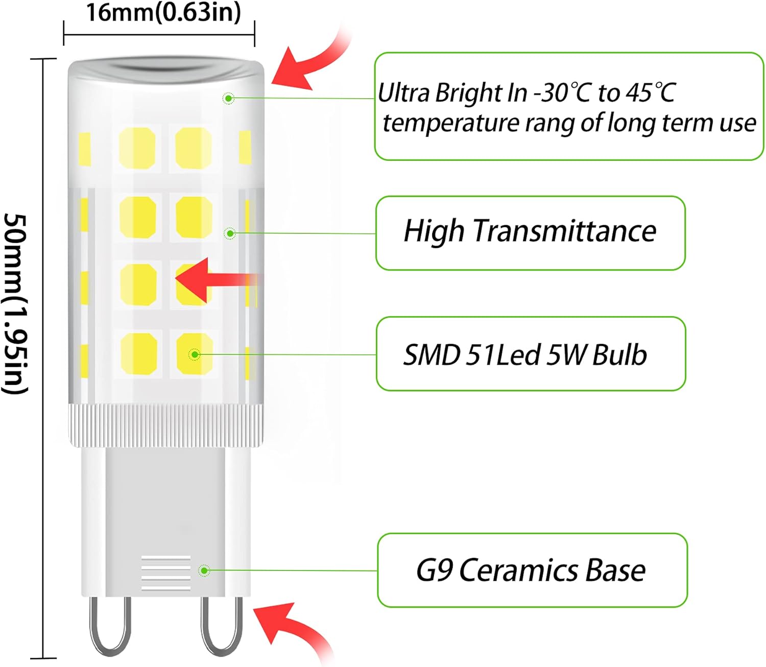 Thumbnail 2 de ZEIYEI G9 LED Bulbs 5W (40-50W Halogen Equivalent) 6000K Cool White, 450LM, Non-Dimmable, 6 Pack
