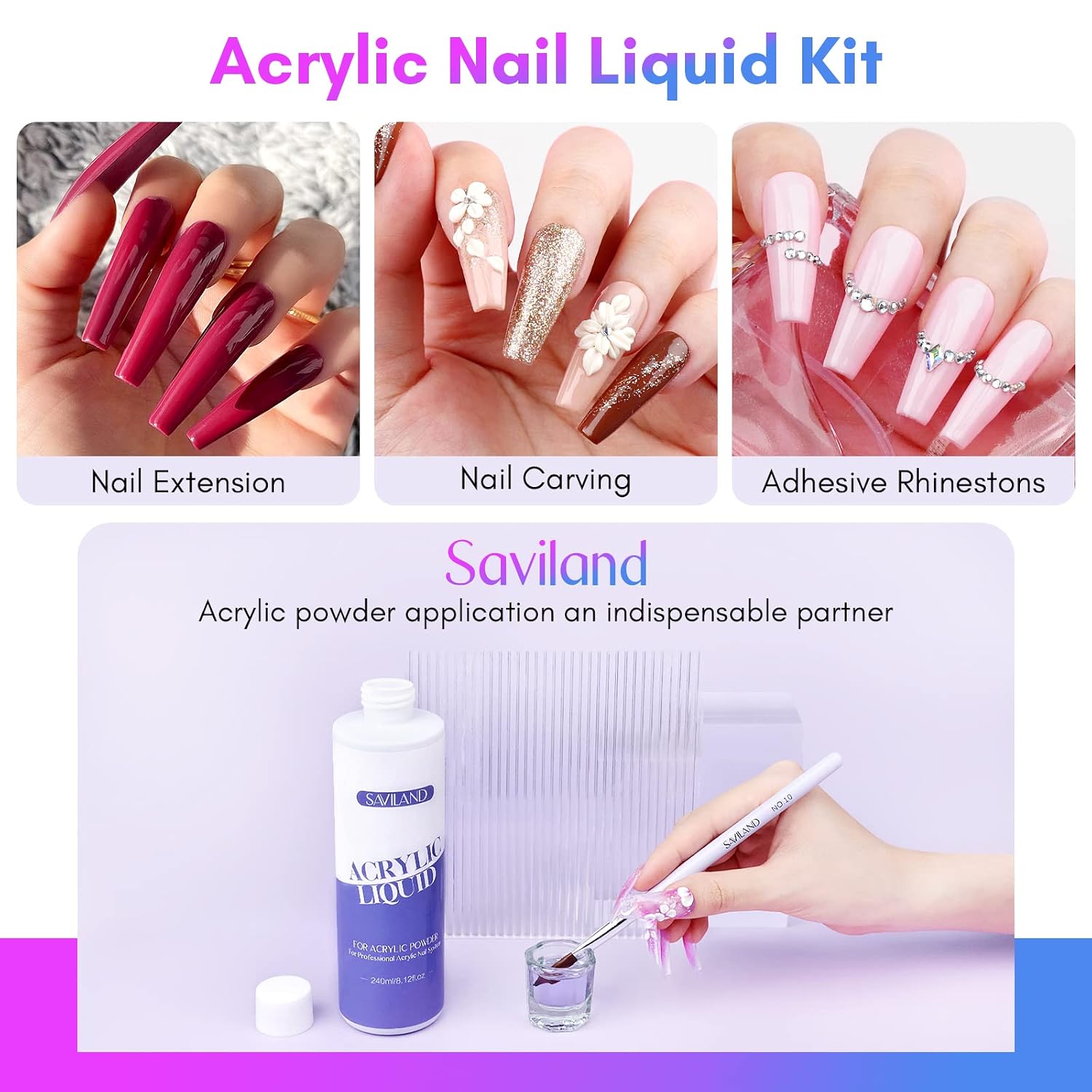 Detalle de Saviland Acryl Liquid für Nägel (240 ml) mit 3 Acrylpinseln – MMA-freie Formel für Verlängerung & Schnitzen