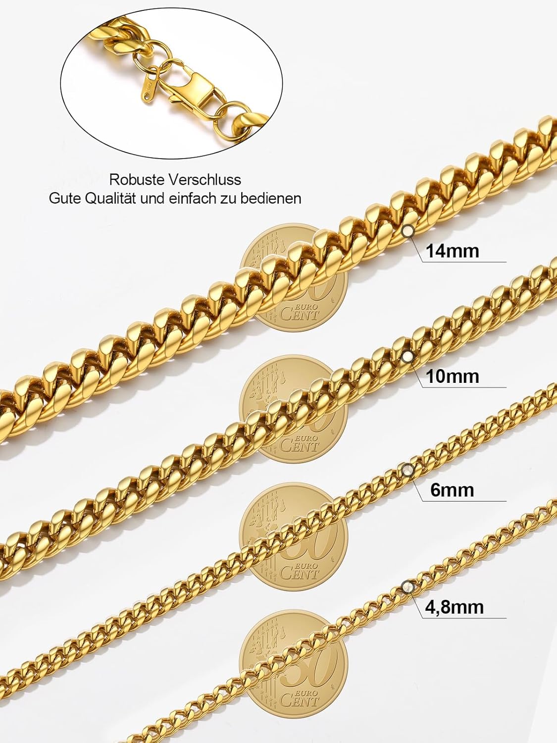 Thumbnail 4 de PROSTEEL Herren-Halskette aus Edelstahl massiv (Panzerkette/Cuban Link) in Breite 4,8/6/10/14 mm, Längen 46–76 cm (wählbar)