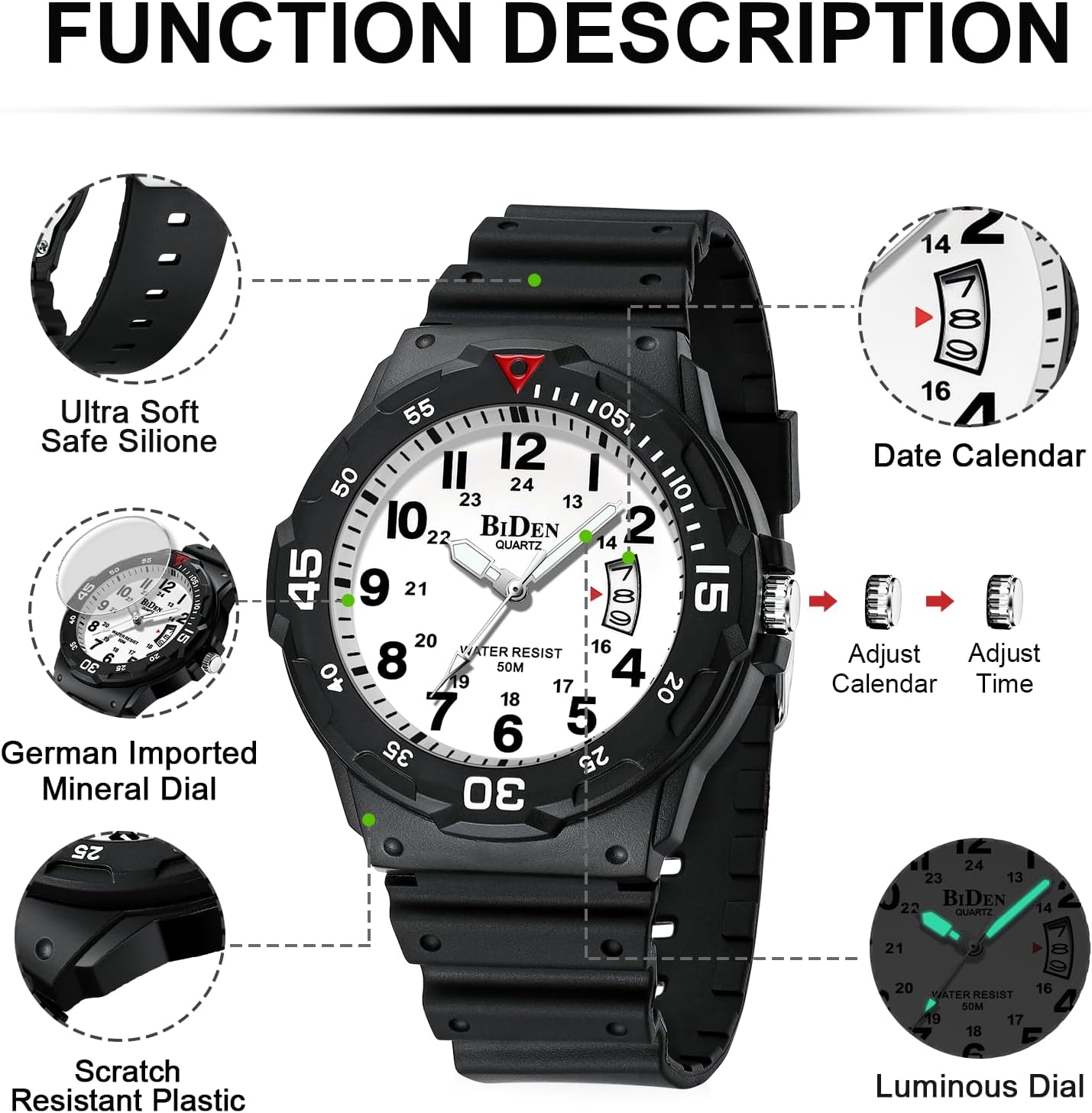 Detalle de HANPOSH Herren Uhr – Analoge Quarz-Uhr mit Datum, 50M wasserdicht, 42 mm Gehäuse, Silikonarmband