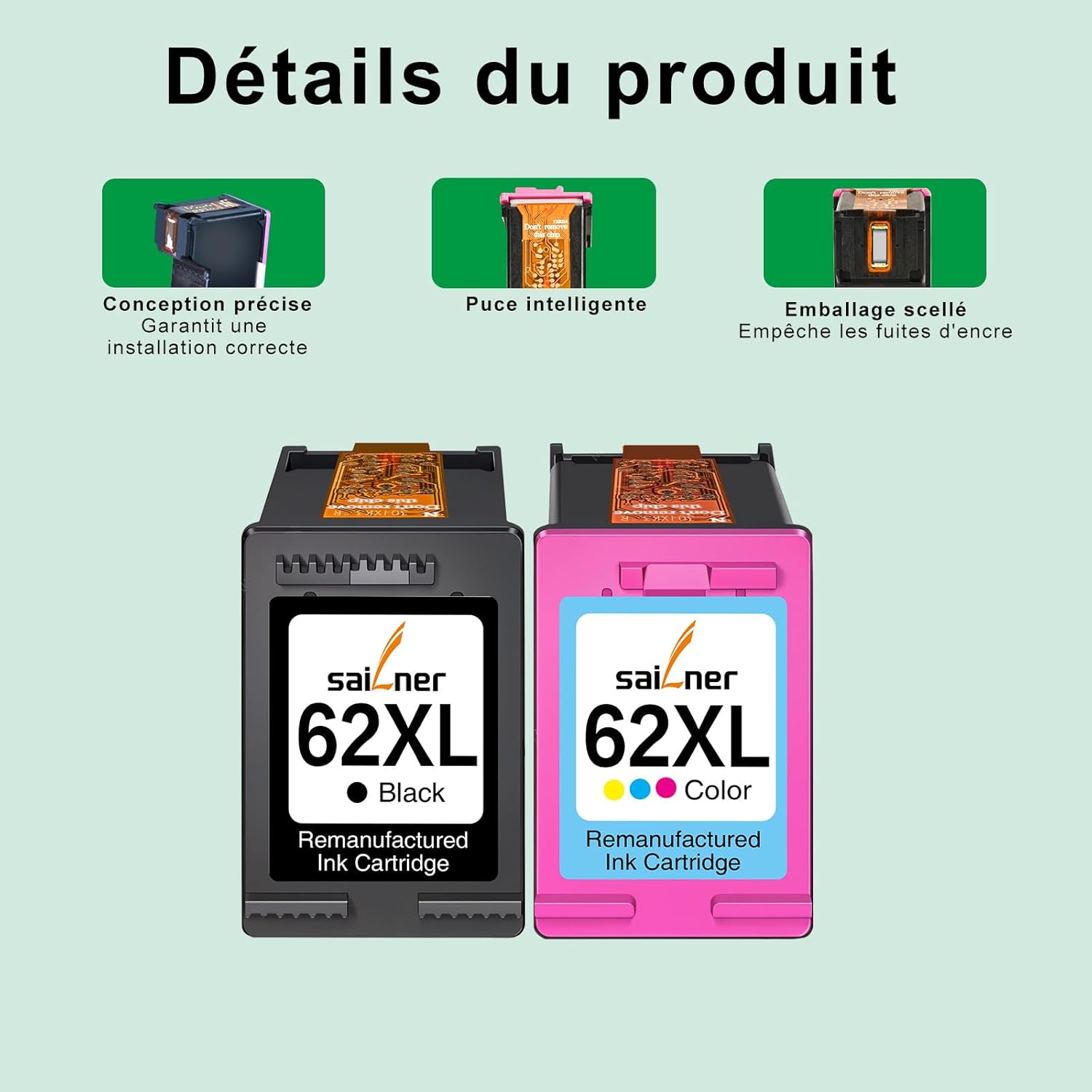 Thumbnail 3 de Cartouches d'encre 62 XL Sailner – Noir et Couleur, Compatible HP 62 XL (2 Pack)