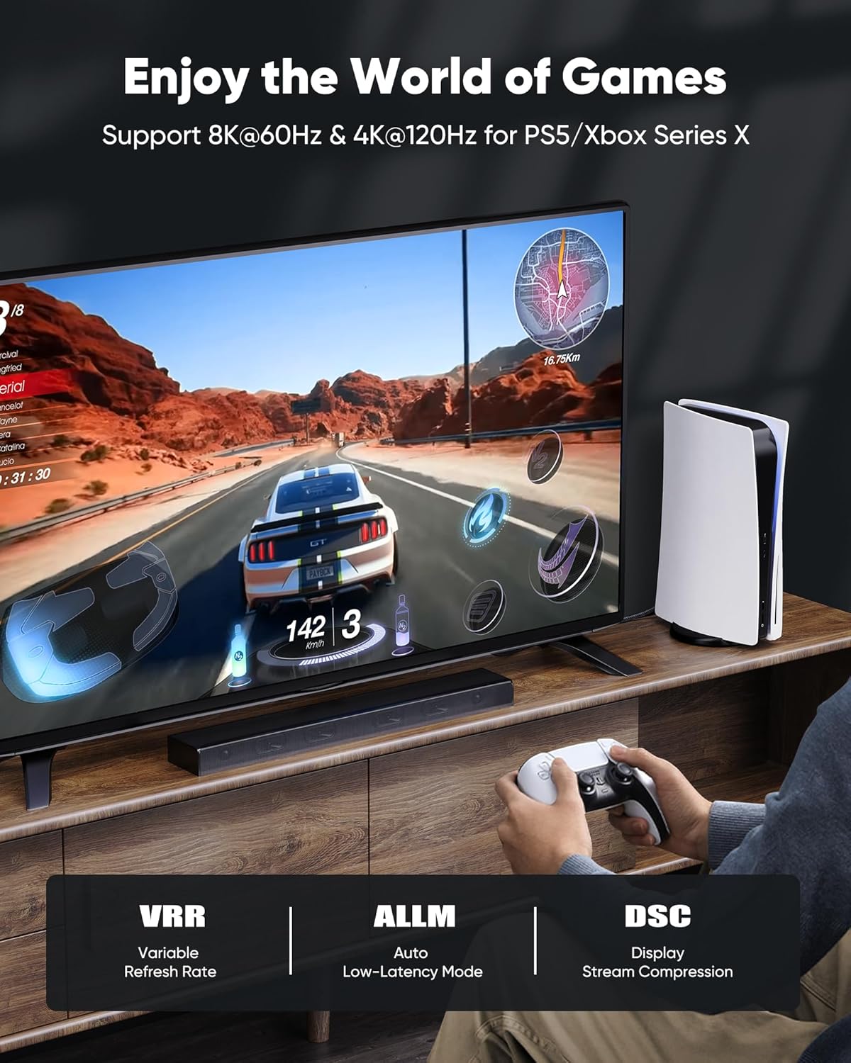 Thumbnail 2 de Capshi 15ft HDMI 2.1 Cable (8K, 4K@120Hz, 2K@240Hz) 48Gbps for PS5/PS4, TV, Monitor, eARC & HDR