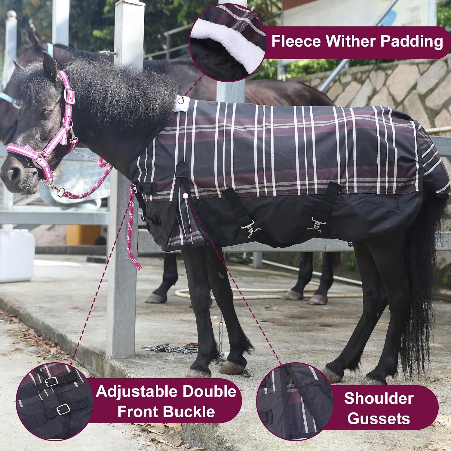Detalle de 600D No Fill Waterproof Turnout Rug for Shetland Pony, 3'3" (Red Plaid) – Practical Protection for Miniature Horses