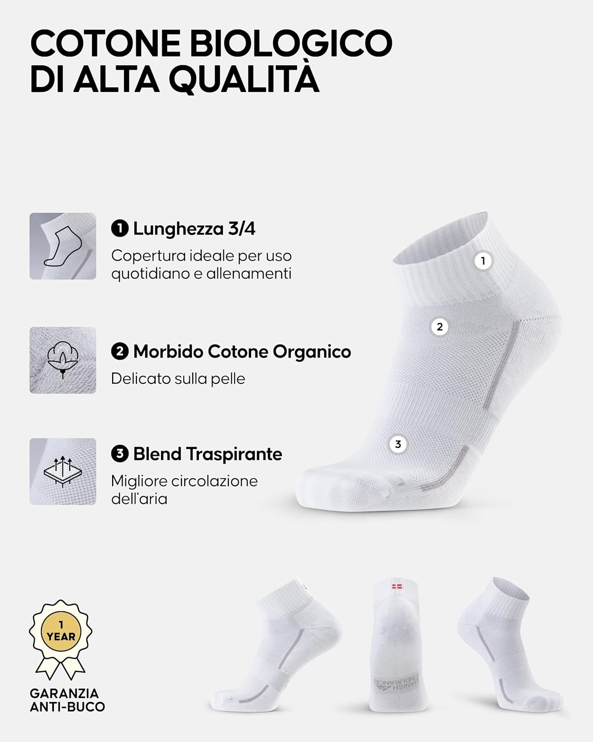 Thumbnail 2 de DANISH ENDURANCE Fantasmini in cotone biologico per uomo e donna: calzini sportivi anti-vescica e traspiranti