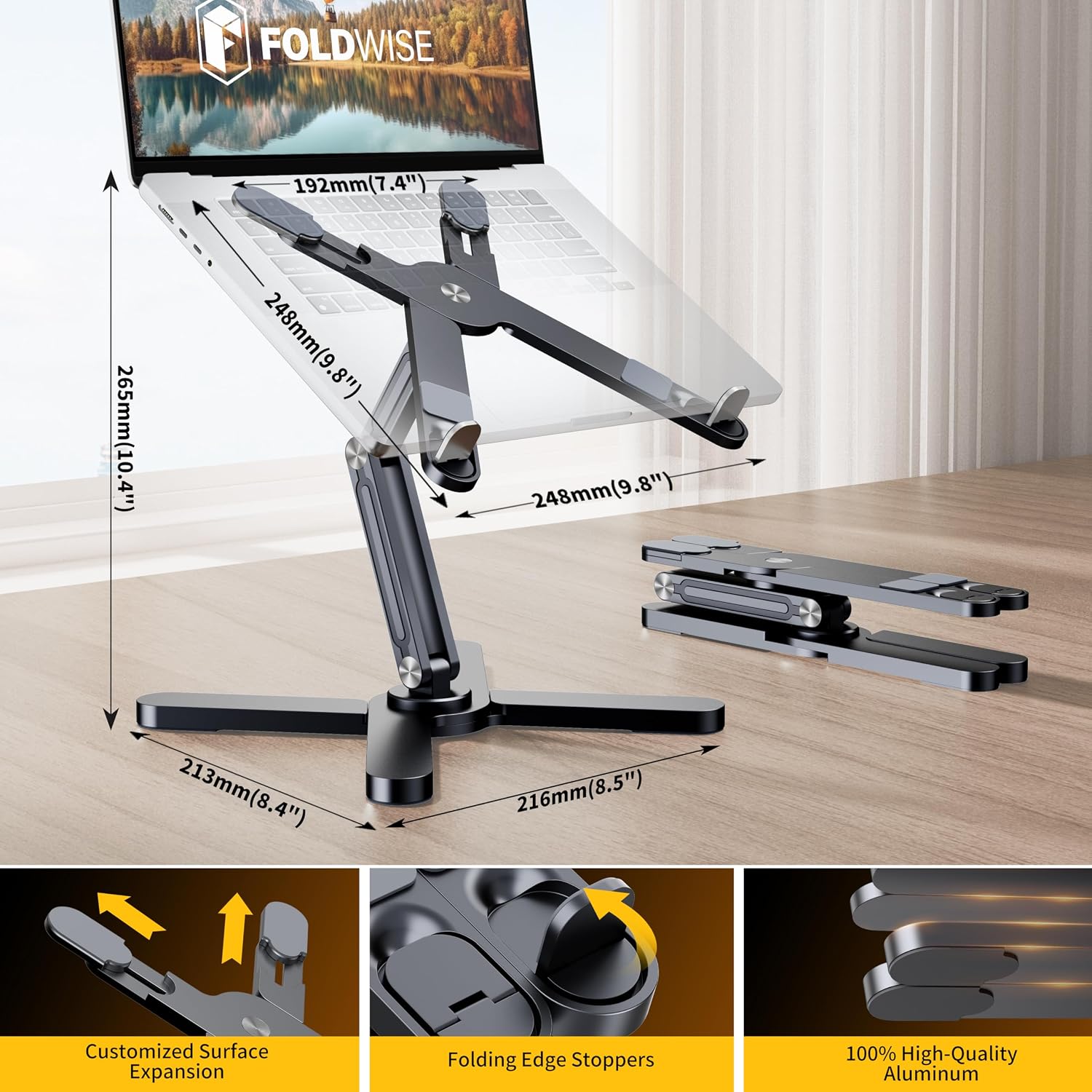 Detalle de FoldWise X Premium Laptop Stand for Desk – 100% Aluminium, 11–18” Compatible, 360° Rotating & Adjustable
