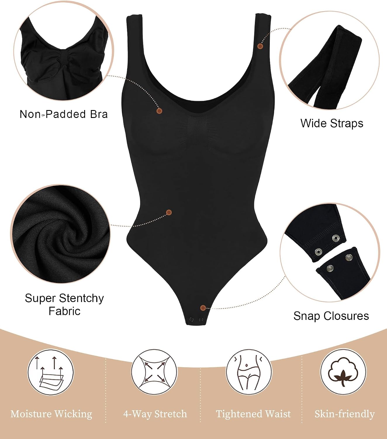 Detalle de SHAPERX Women's Mid-Thigh Shapewear Bodysuit, Tummy Control, Seamless