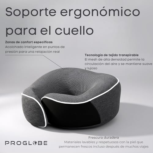 Detalle de Proglobe Almohada Cervical de Viaje 100% Espuma Viscoelástica con Antifaz 3D, Gris Oscuro