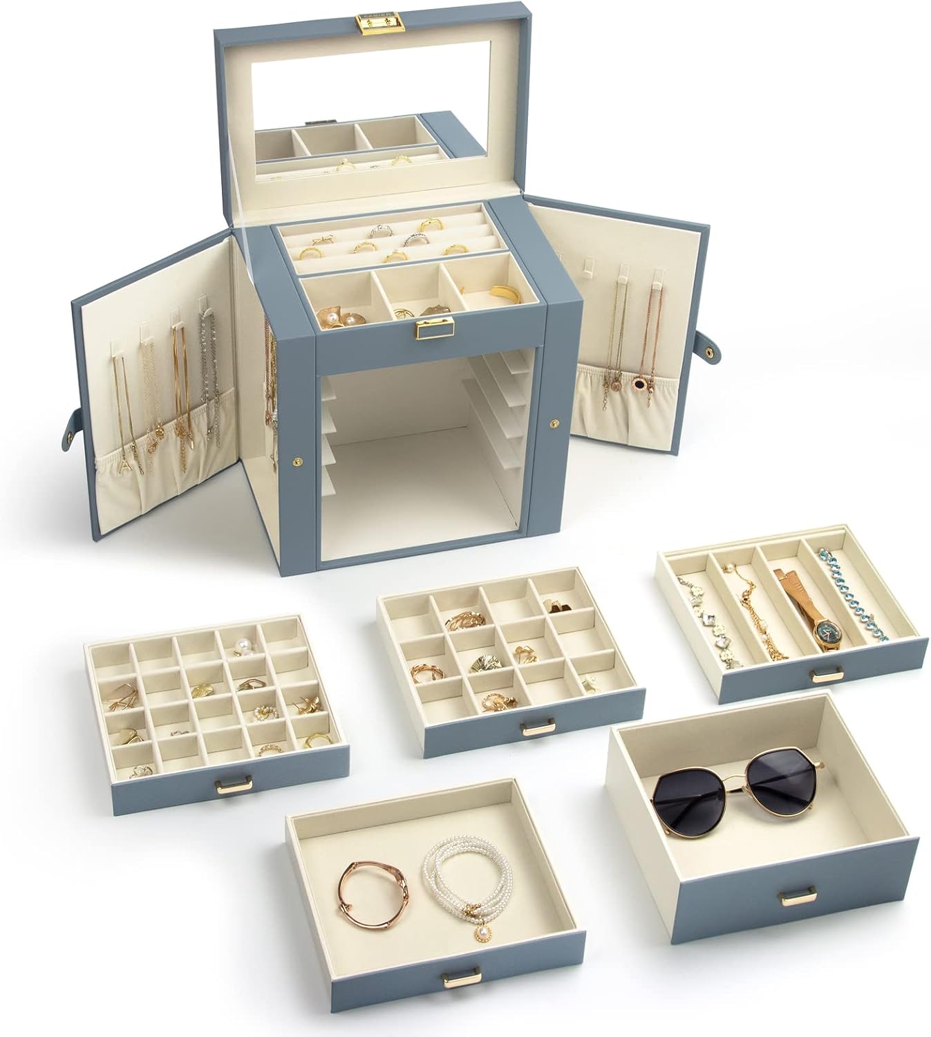 Detalle de KAMIER Boîte à bijoux pour femme – grande boîte de rangement à 6 couches avec miroir et 5 tiroirs, bleu-gris