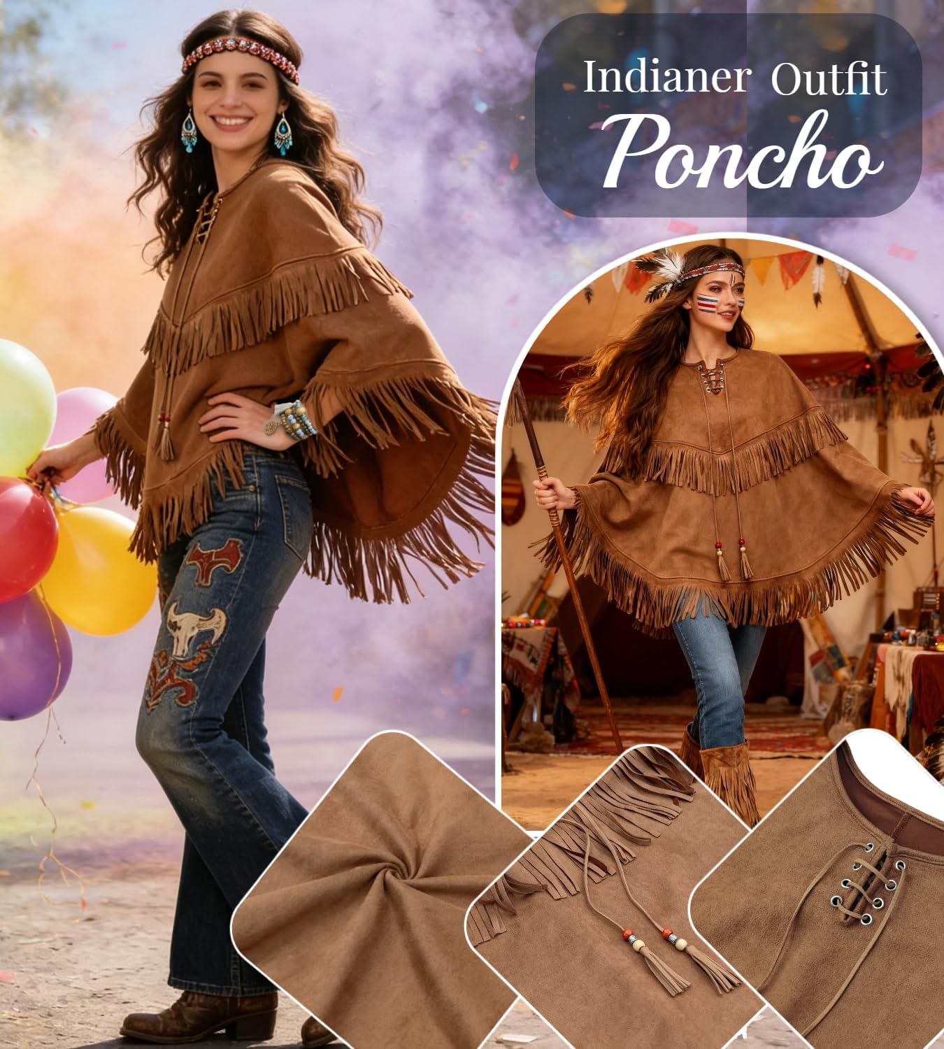 Thumbnail 3 de Cowgirlcape met franjes, bruin, 74 cm lang