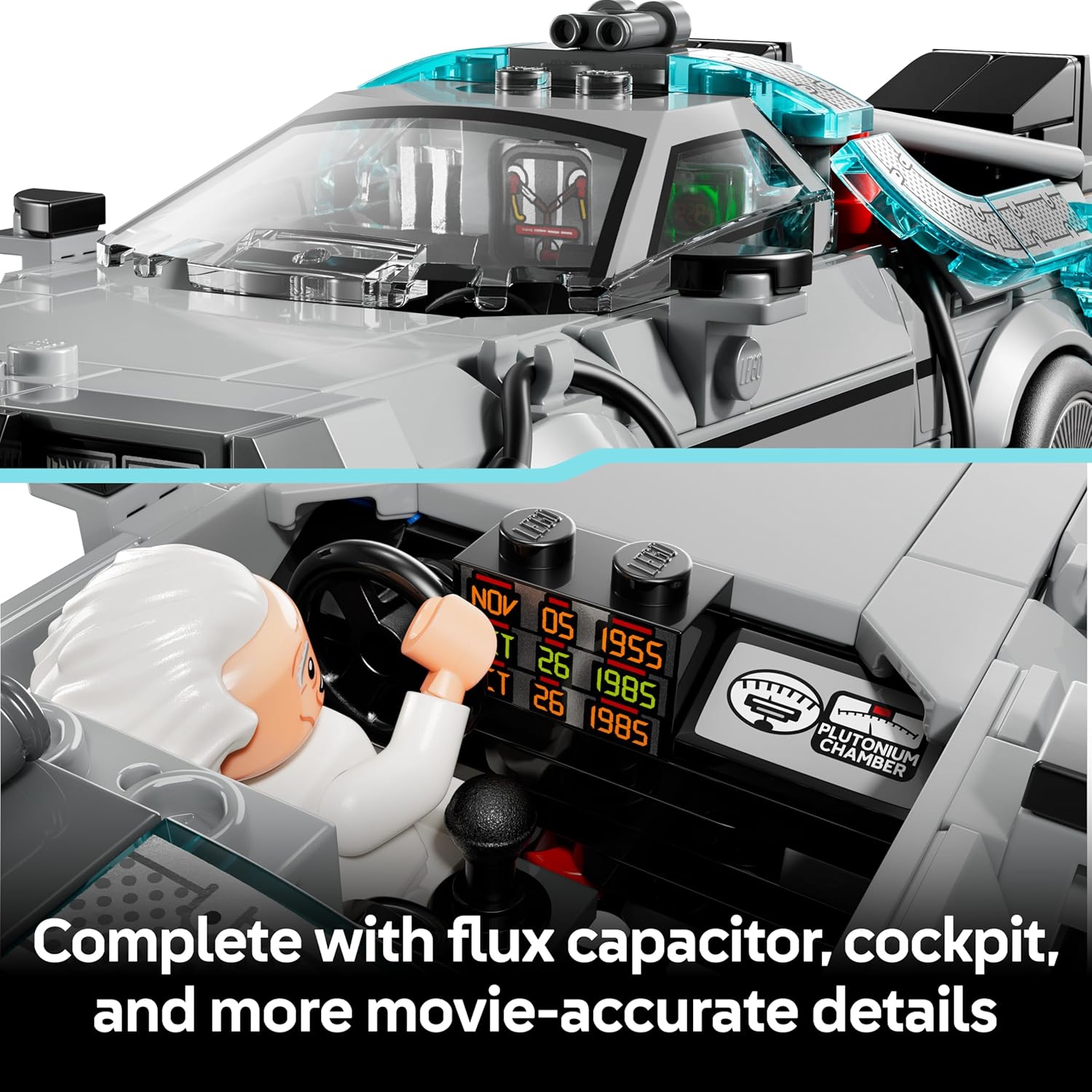 Detalle de LEGO Speed Champions Time Machine from Back to the Future (77256) – Car Model Kit with Doc Brown & Marty McFly