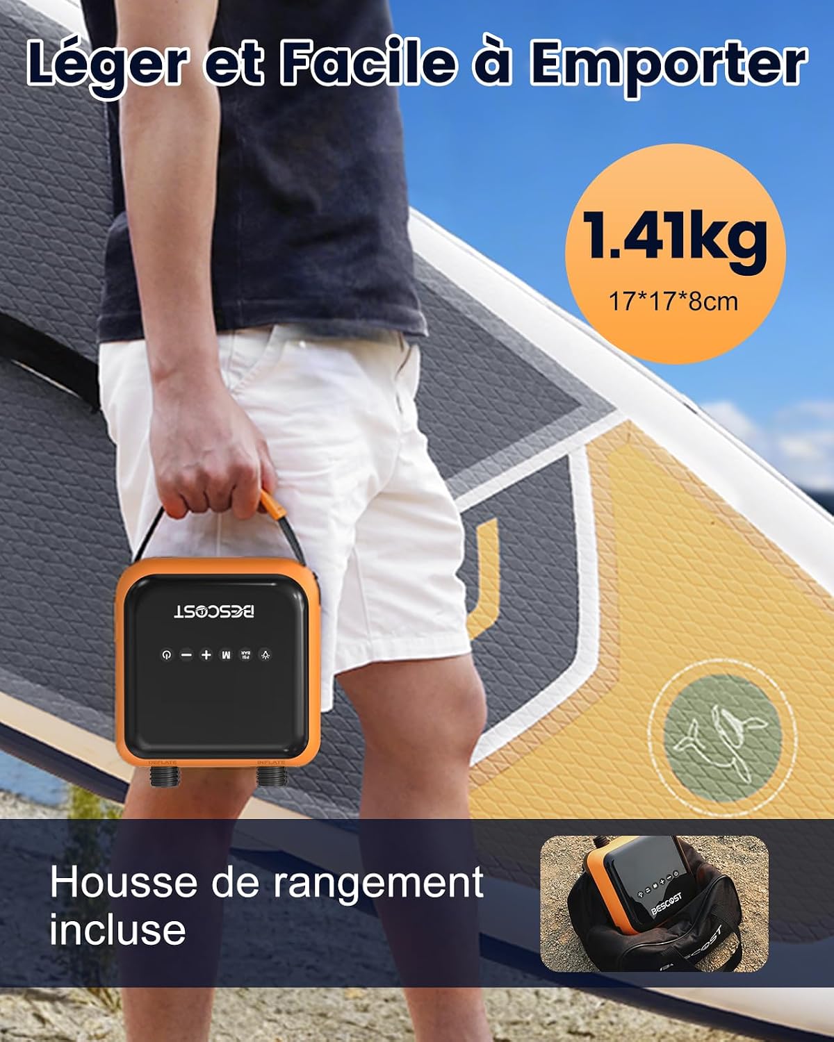 Detalle de Pompe SUP Électrique 20 PSI – Charge rapide 45W, gonflage/dégonflage double étage, Pack étanche et câble Type-C/12V