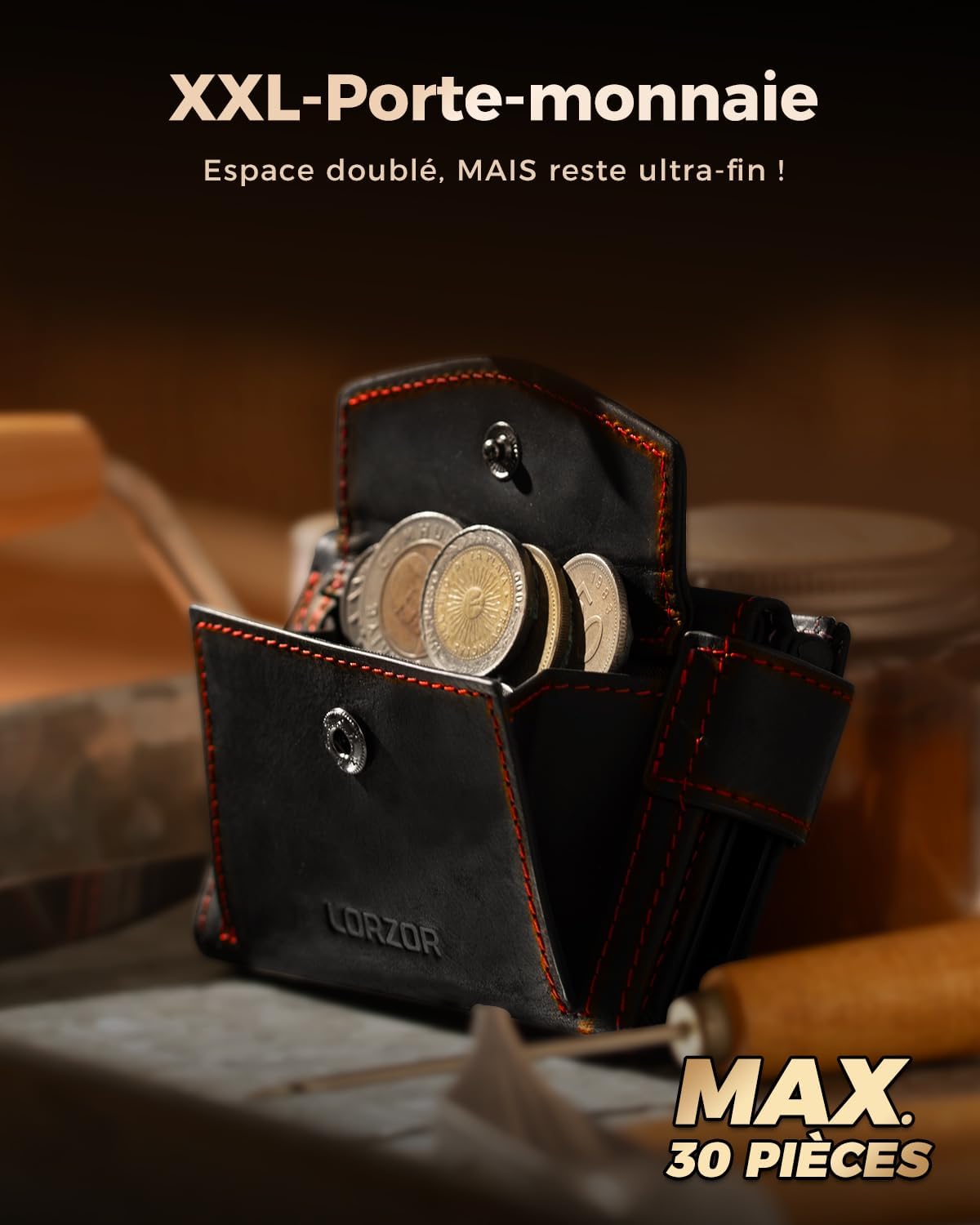 Thumbnail 1 de LORZOR Portefeuille homme XXL avec porte-monnaie, porte-cartes cuir et blocage RFID