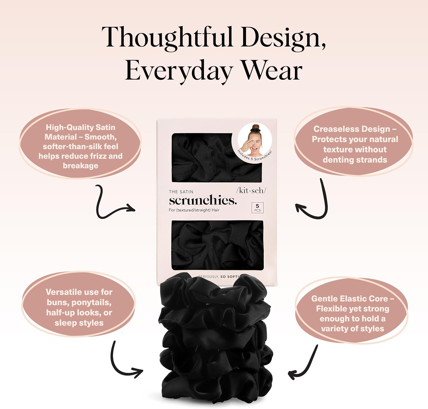 Detalle 2 de Kitsch Satin Scrunchies, Black
