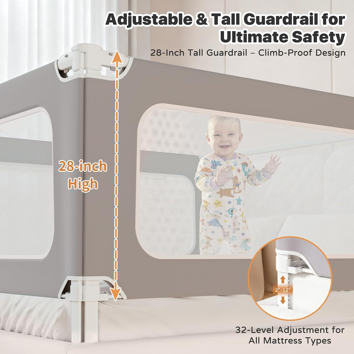 Detalle 2 de MagicFox 3-Piece Queen Bed Rails for Toddlers, Adjustable Guard with Double Locks