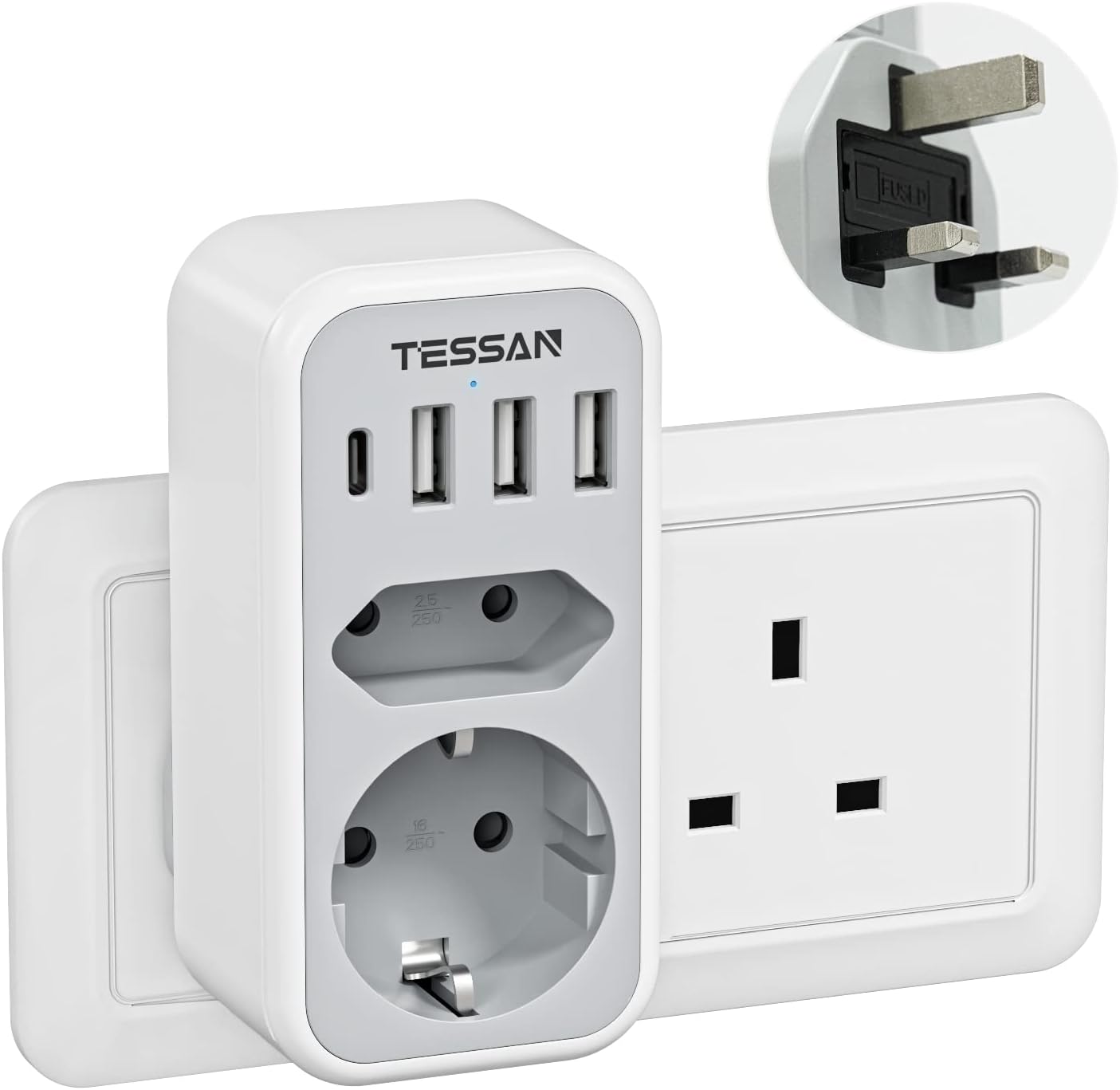 Detalle de TESSAN UK Adapter Typ G (England/Deutschland) mit 3× USB-A und 1× USB-C – Reiseadapter 6-in-1