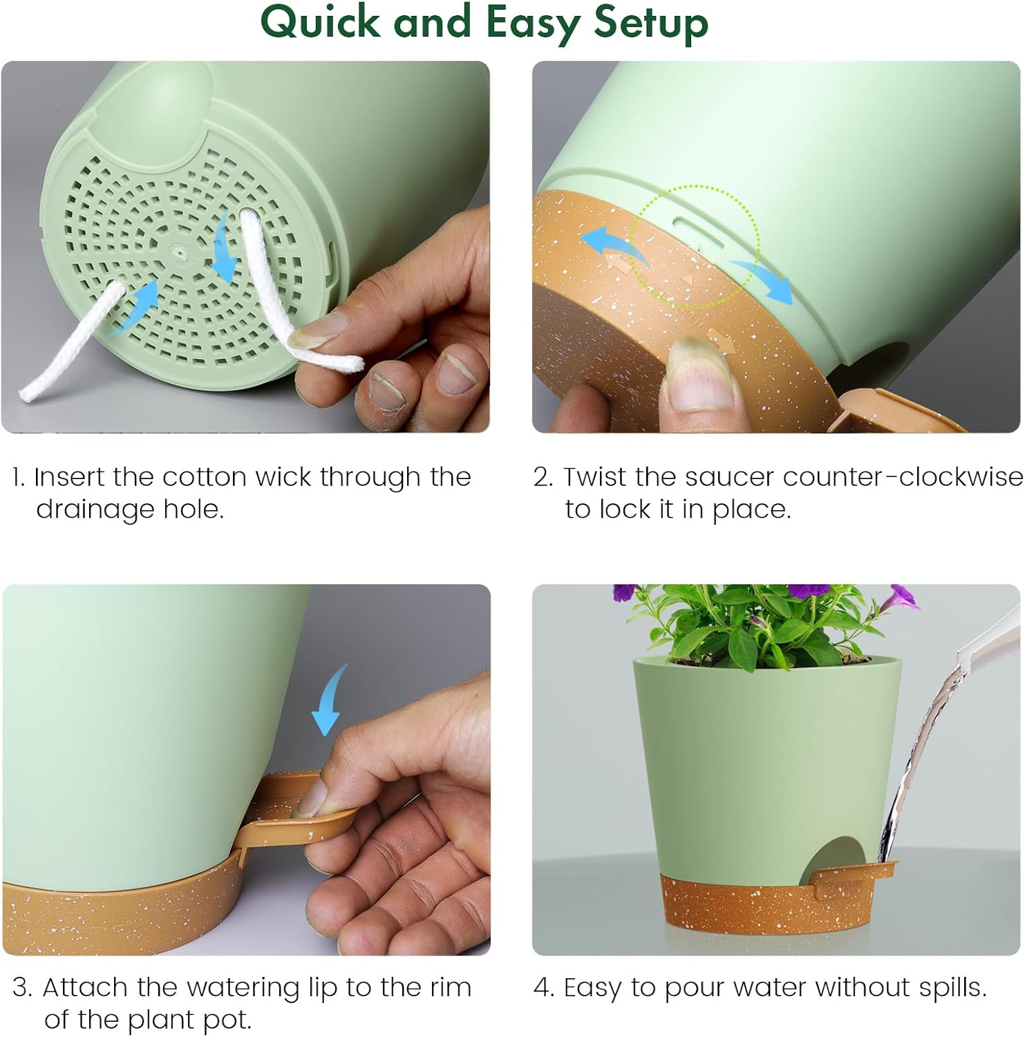 Detalle de WSMKSZ 25cm Large Self Watering Plant Pots (3 Pack) – Thick Plastic, Drainage Holes & Deep Reservoirs with Cotton Wicks