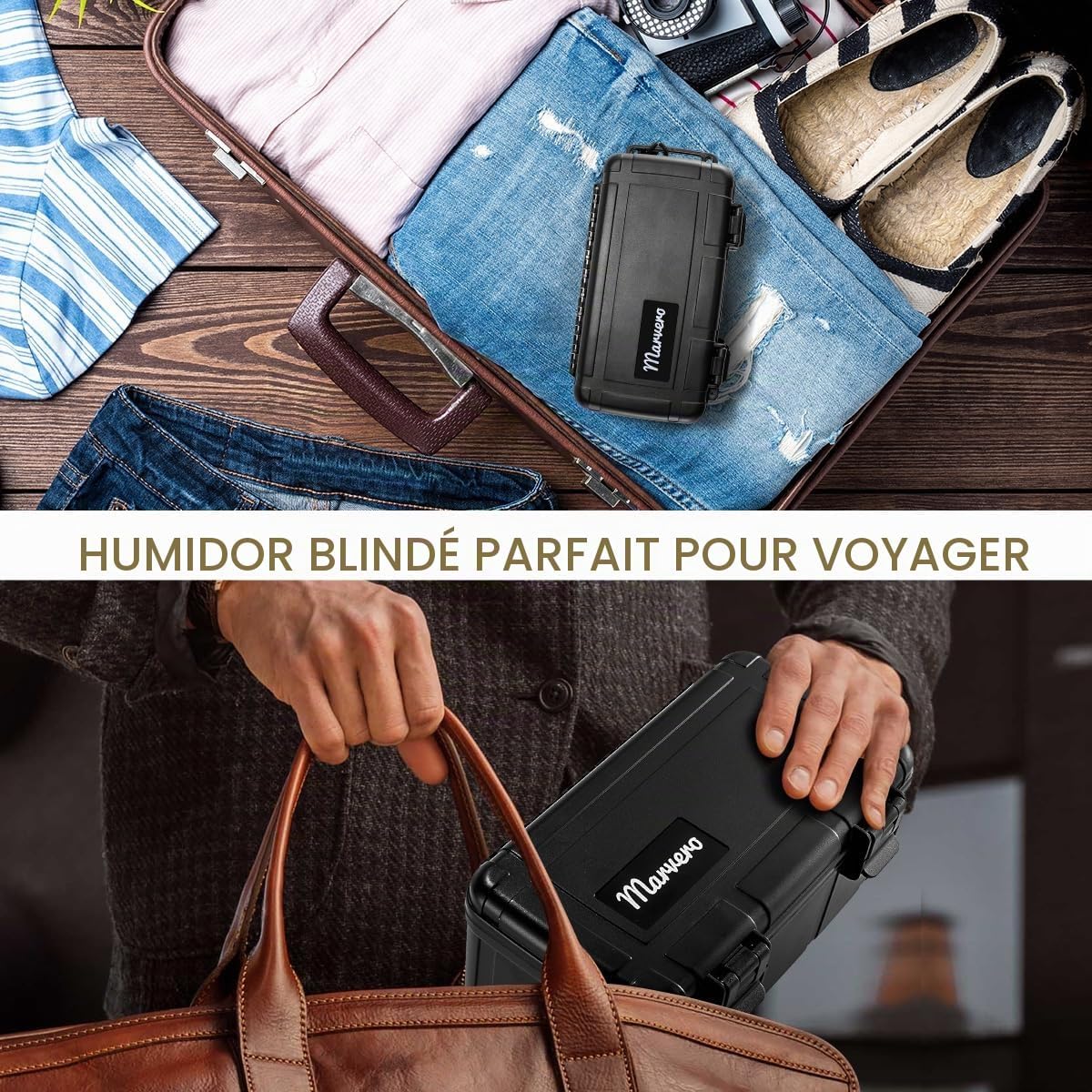Detalle 2 de Marvero Marvero-Cigar-11 draagbare sigarenkist met luchtbevochtiger en golfhouder