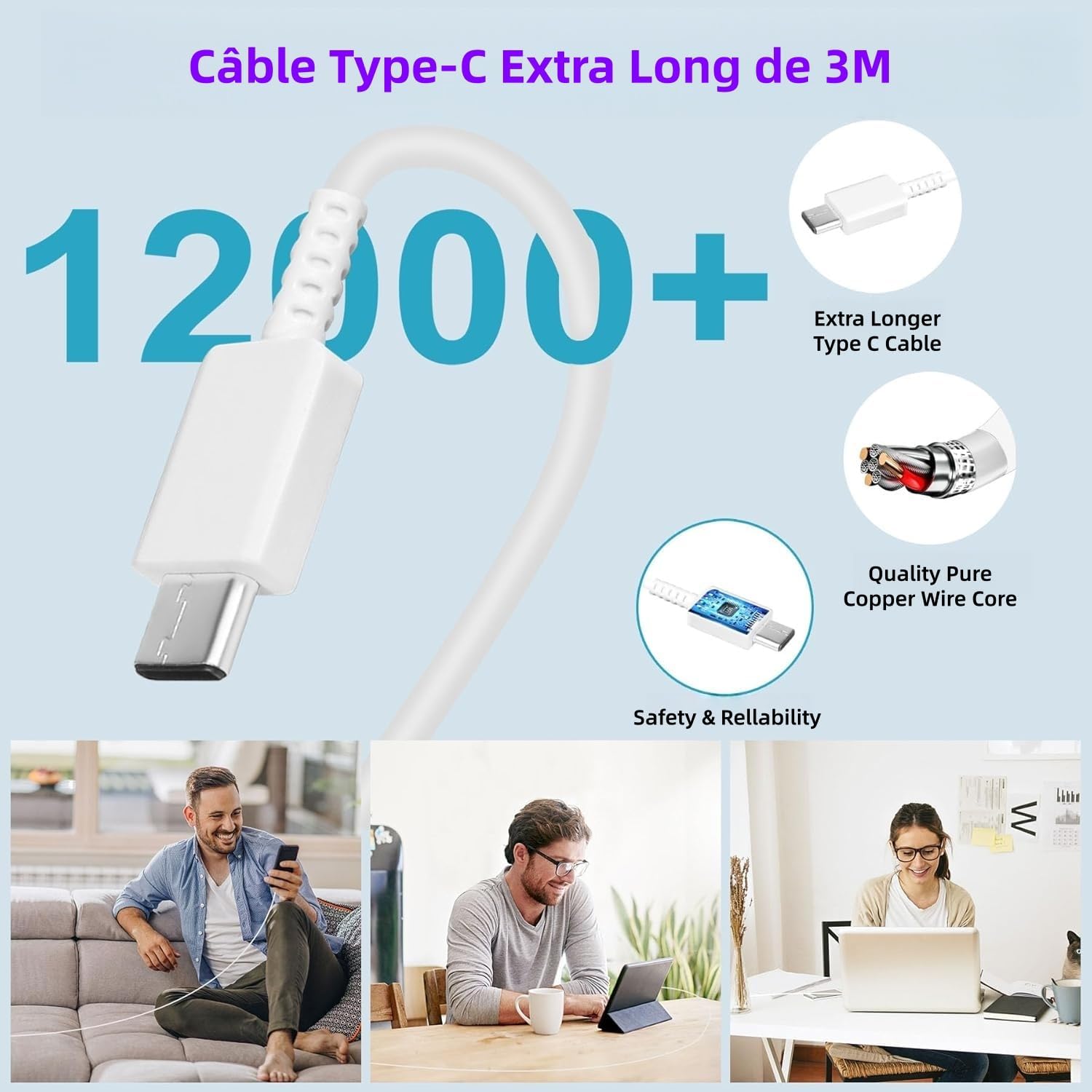 Detalle de Caricatore USB-C 45W da 2 pezzi con cavo da 3 m + compatibilità Samsung Galaxy (S26–Note20) – spina europea bianco