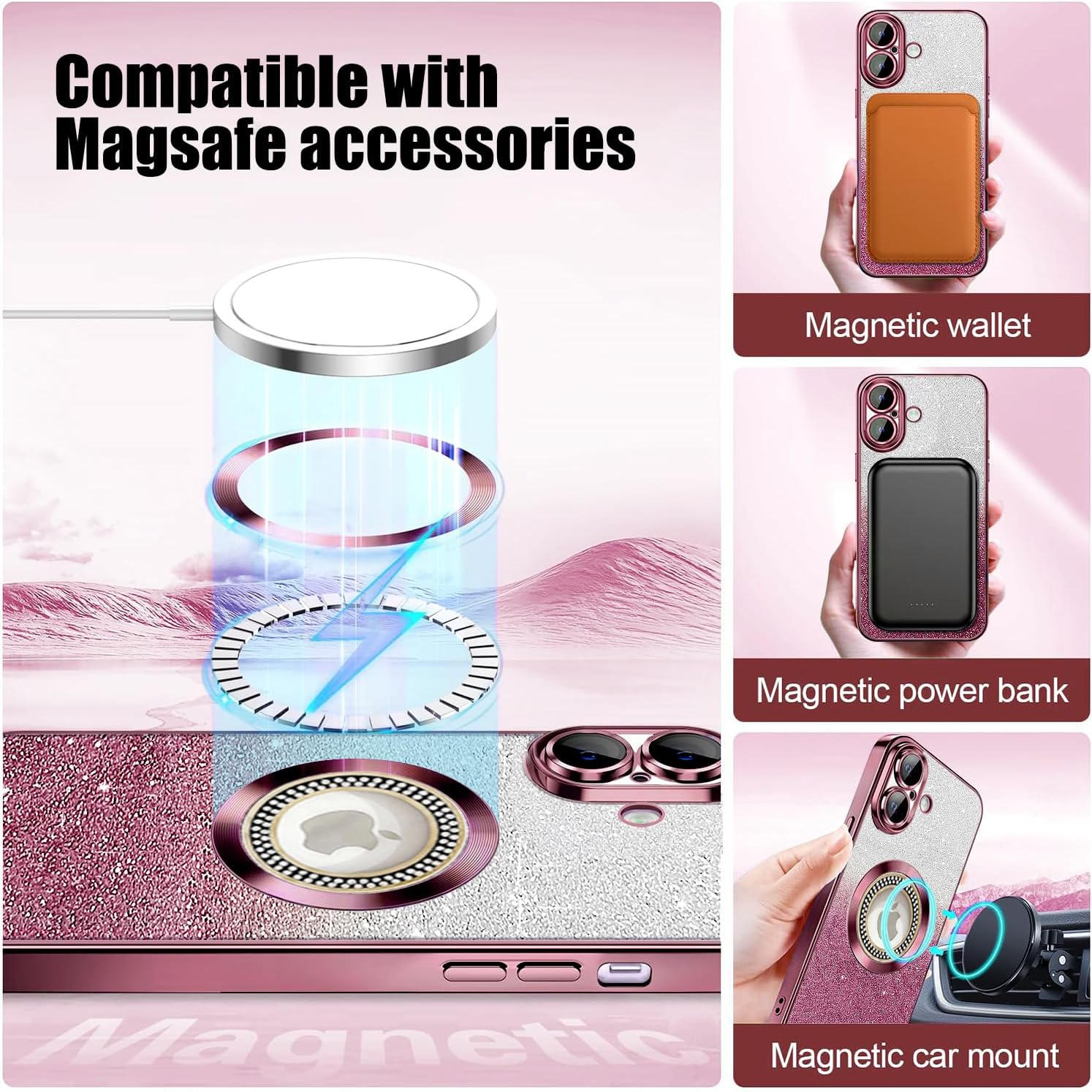 Thumbnail 2 de Misscase Glitter Case for iPhone 17 (Pink) – Magnetic, Full Protection