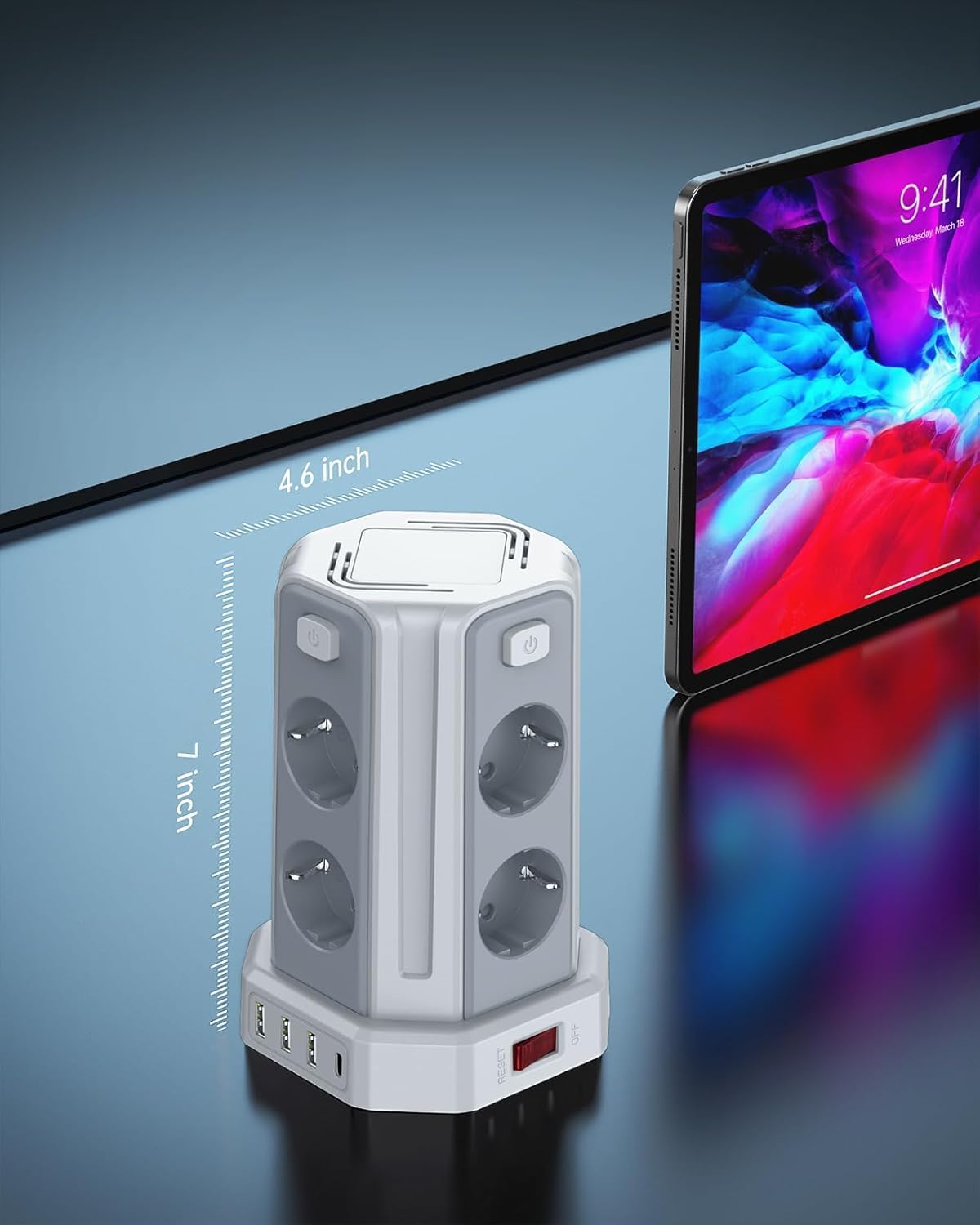 Thumbnail 6 de Steckdosenleiste mit 4 USB, 8-fach Überspannungsschutz – 2 m Verlängerungskabel, kompakter Steckdosenturm für Büro und Zuhause