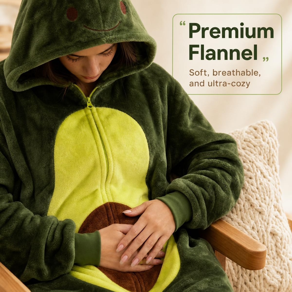 Detalle 2 de COSUSKET Avocado Adult Onesie Pajamas, Flannel with Zipper and Side Pockets