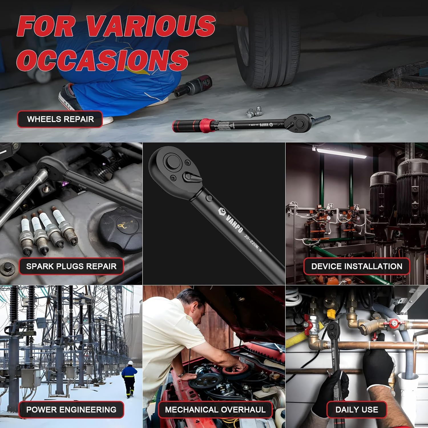 Thumbnail 6 de VANPO 1/2-Zoll Drehmomentschlüssel-Set 20–220 Nm (3-teilig) für Auto & Motorrad