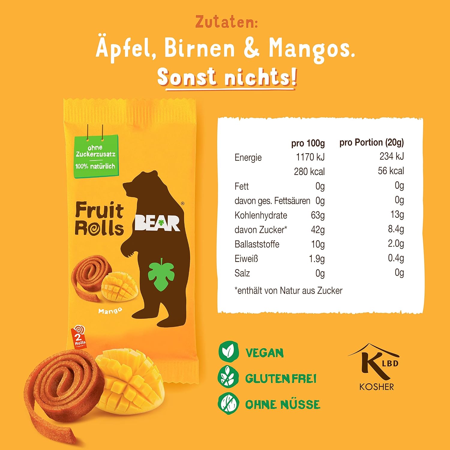 Detalle de BEAR Fruchtrollen Mango – 100% Natürliche Inhaltsstoffe, Zuckerfrei, 18 Beutel à 20 g (360 g)