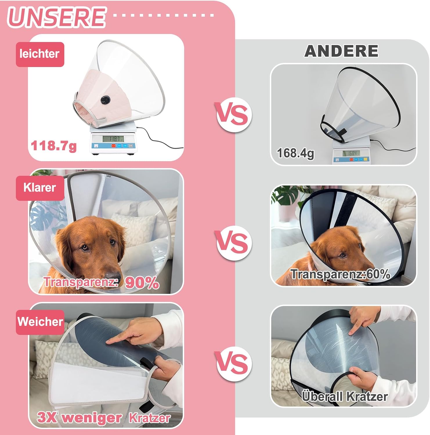 Thumbnail 2 de Supet Halskrause für Hunde (weiches Polster) – klare Elizabeth-Recovery-Kragene, Alternative für große, mittlere und kleine Hunde, Hellrosa (XL)