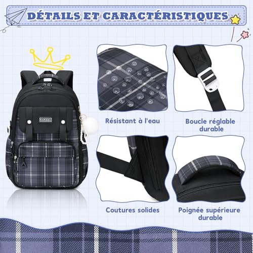 Detalle de Sisipoet Sac à Dos Fille Cartable Carreaux Imperméable – 21L, confort et polyvalence