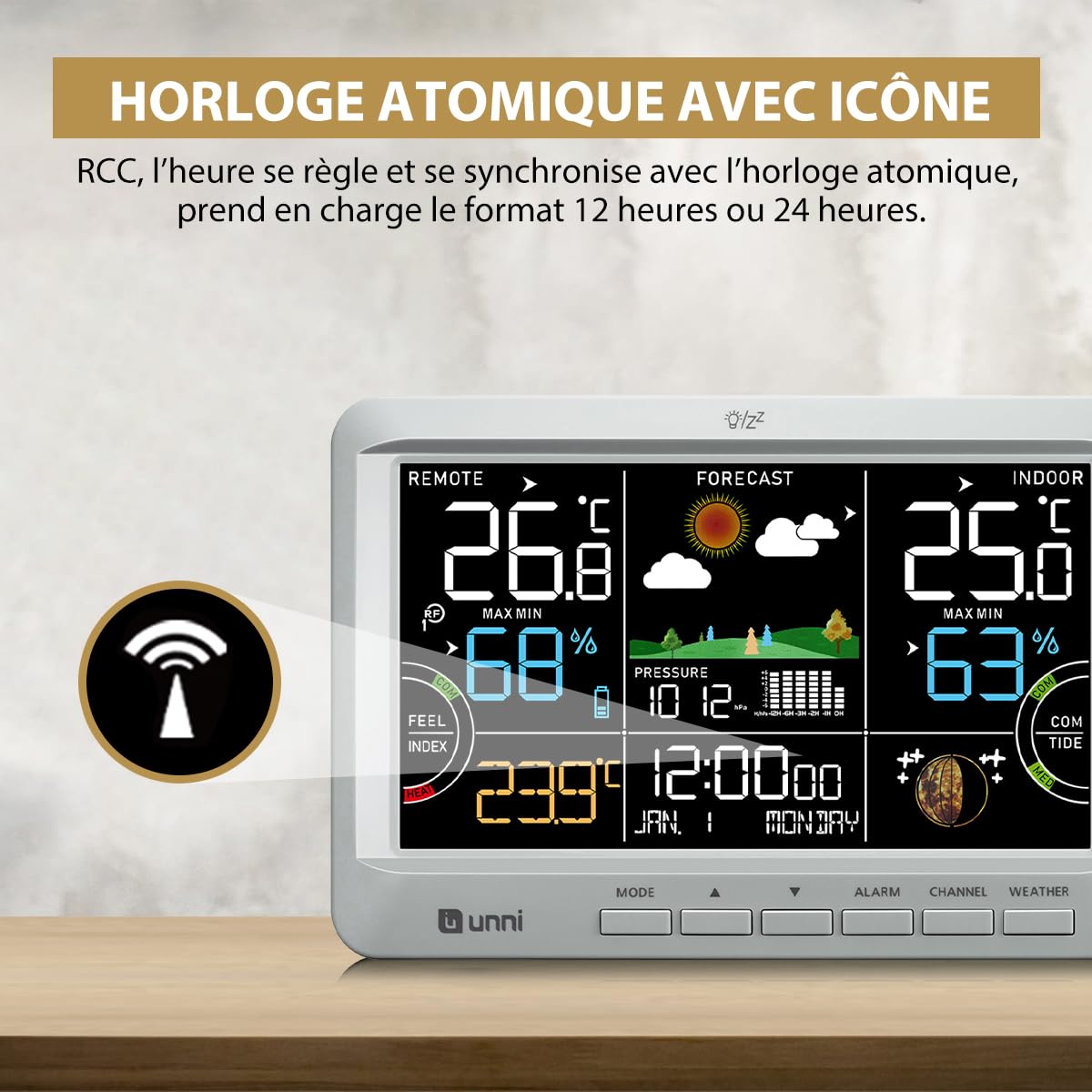 Detalle 2 de Station météo sans fil U UNNI avec thermomètre intérieur/extérieur, hygromètre, point de rosée et rétroéclairage réglable