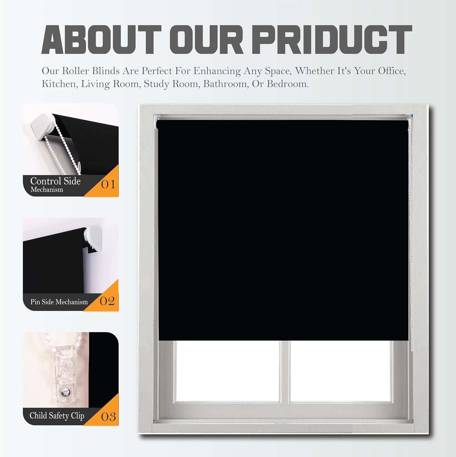 Detalle de FUNKY GADGETS Blackout Roller Blinds, Black (60cm W x 165cm Drop) – 100% Blackout with Thermal Insulation