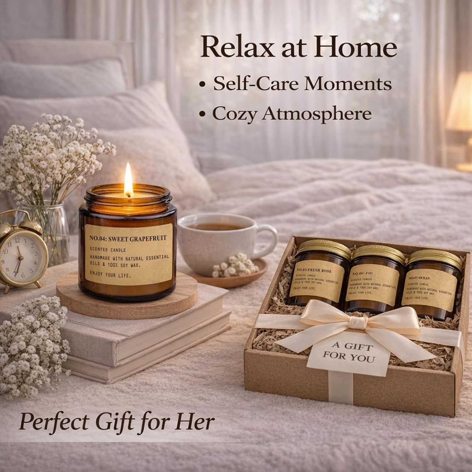 Detalle de Scented Candles for Home: 8-Pack Soy Wax Gift Set in Vintage Amber Jars