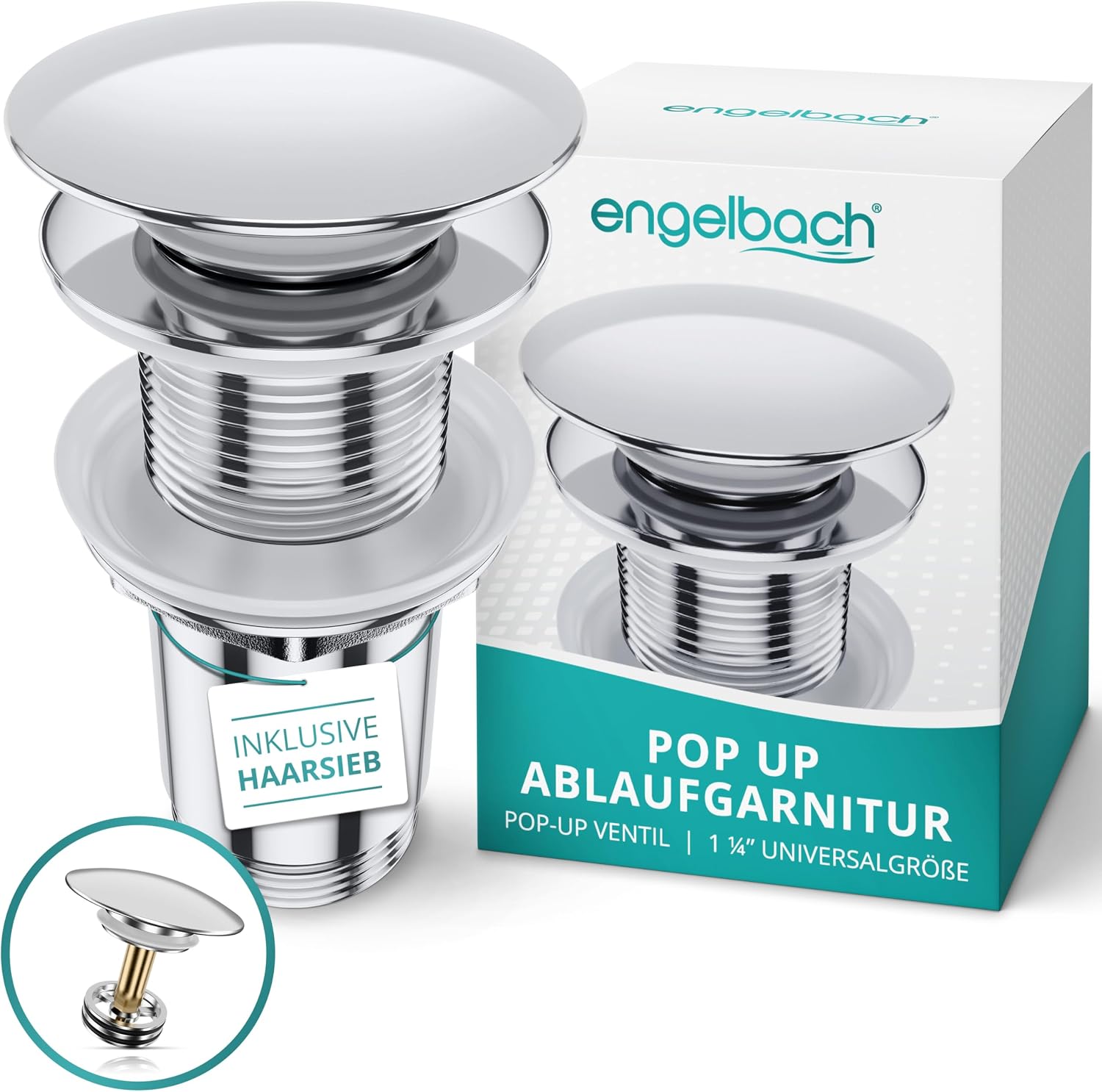 Detalle de Engelbach Universal Waschbecken Ablaufgarnitur – Pop-up Click-Clack Ablaufventil 1 1/4" ohne Überlauf